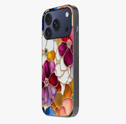 Marble Flower Pattern Glass Case photographed in natural light showing reflective finish and design depth.