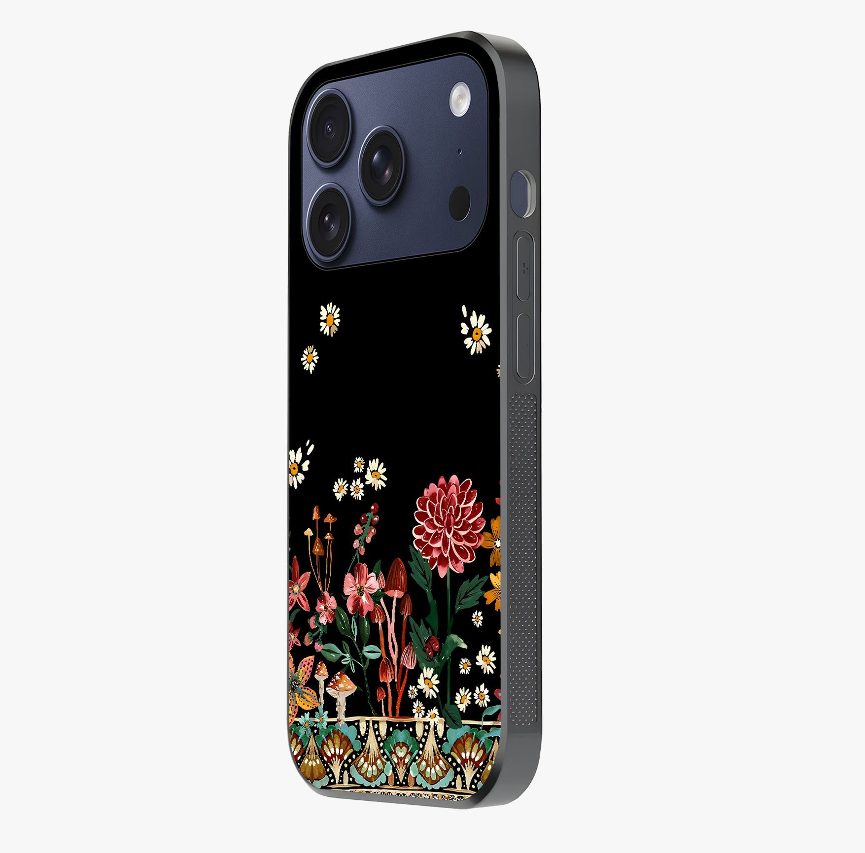 Midnight Bloom Pattern Glass Case photographed in natural light showing reflective finish and design depth.