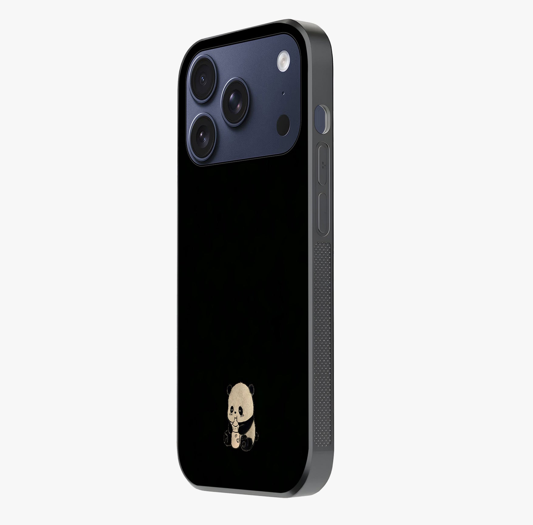 Midnight Panda Love Glass Case photographed in natural light showing reflective finish and design depth.