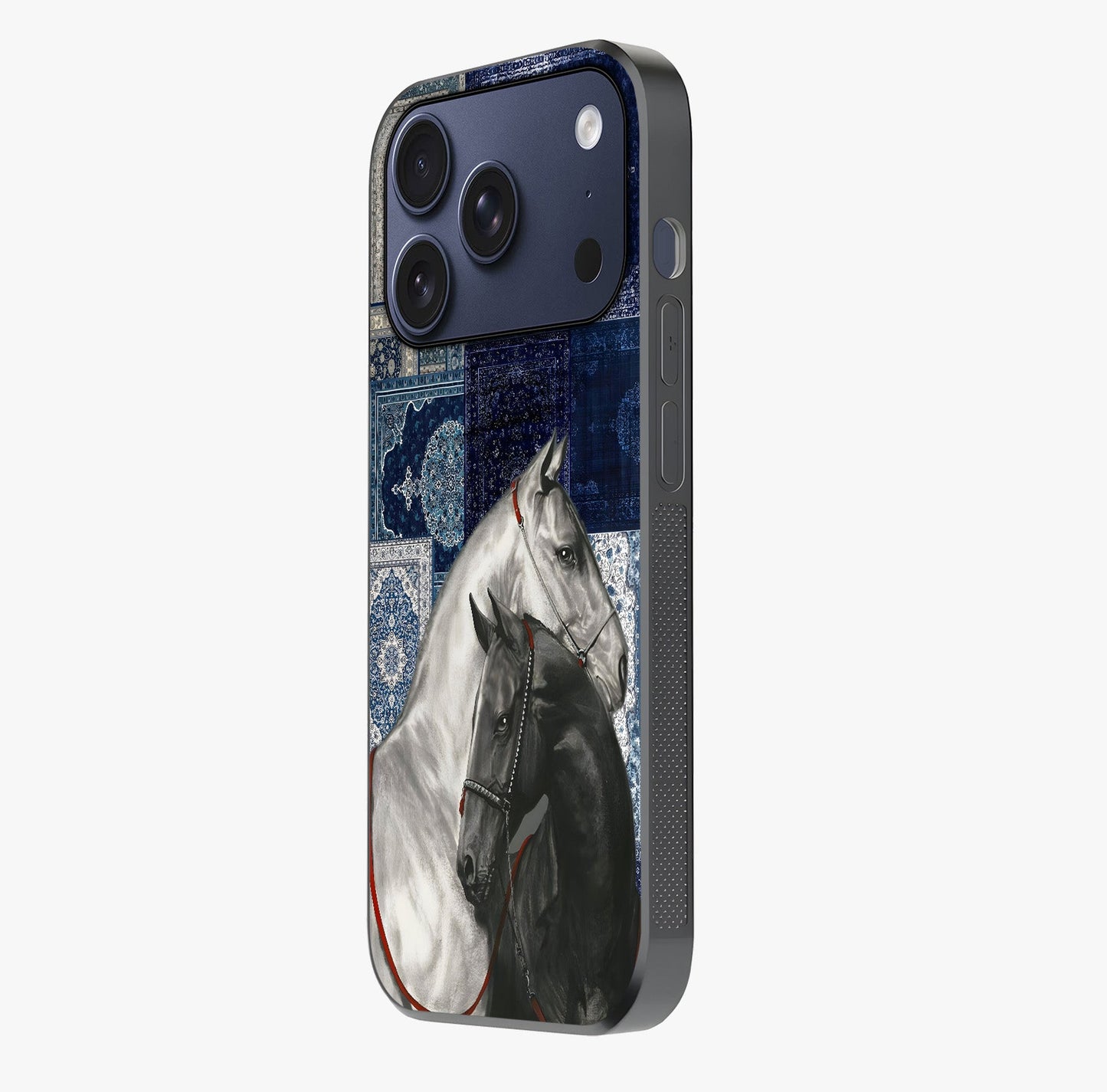 Midnight Stallion Blues Glass Case photographed in natural light showing reflective finish and design depth.