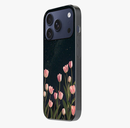 Midnight Tulip Whispers Vibe Glass Case photographed in natural light showing reflective finish and design depth.