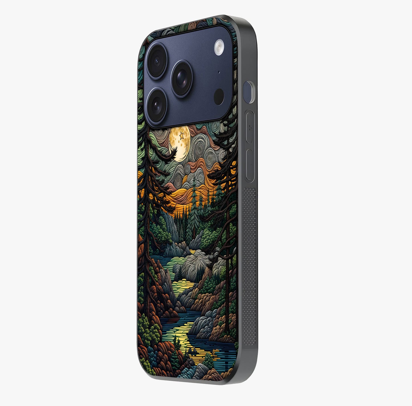 Moonlight Forest Dream Glass Case photographed in natural light showing reflective finish and design depth.