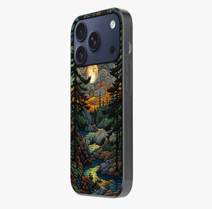 Moonlight Forest Dream Glass Case photographed in natural light showing reflective finish and design depth.