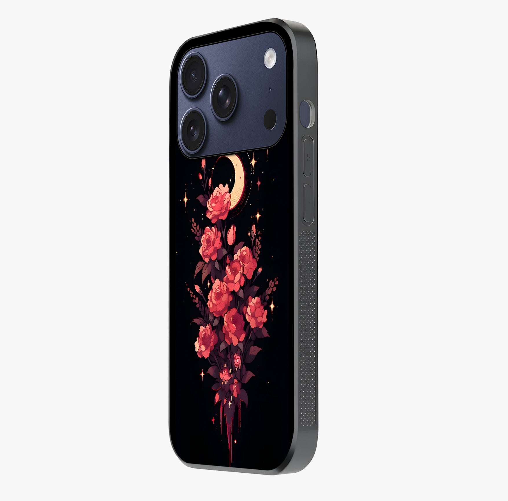 Moonlit Floral Elegance Glass Case photographed in natural light showing reflective finish and design depth.