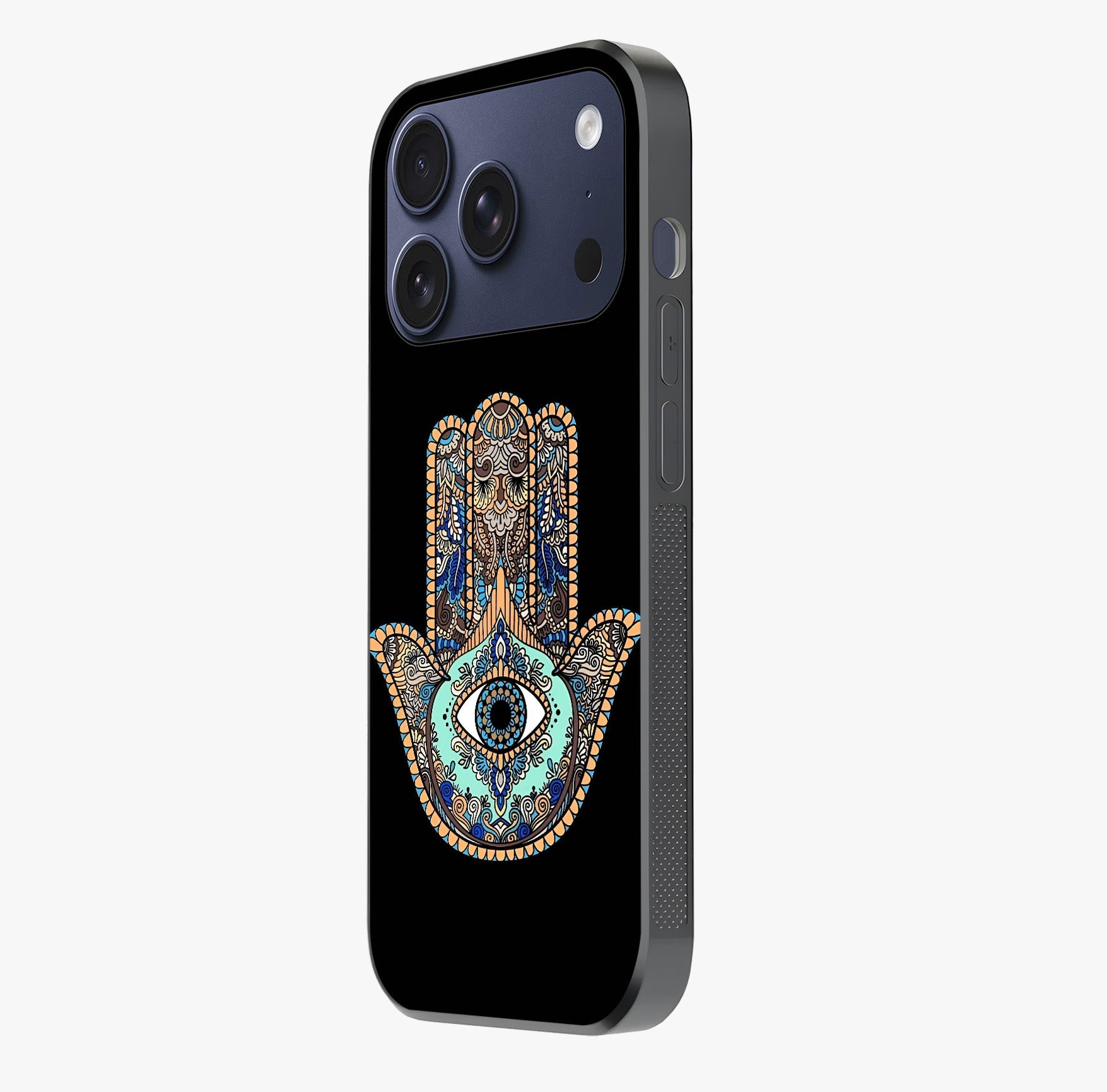 Mystic Hamsa Eye Glass Case photographed in natural light showing reflective finish and design depth.