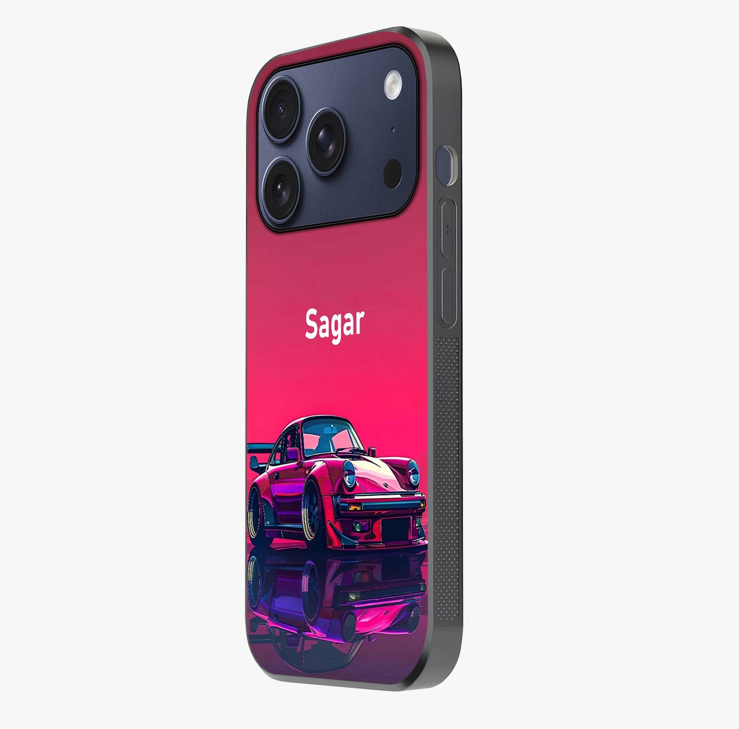 Neon Pink Porsche Glass Case photographed in natural light showing reflective finish and design depth.