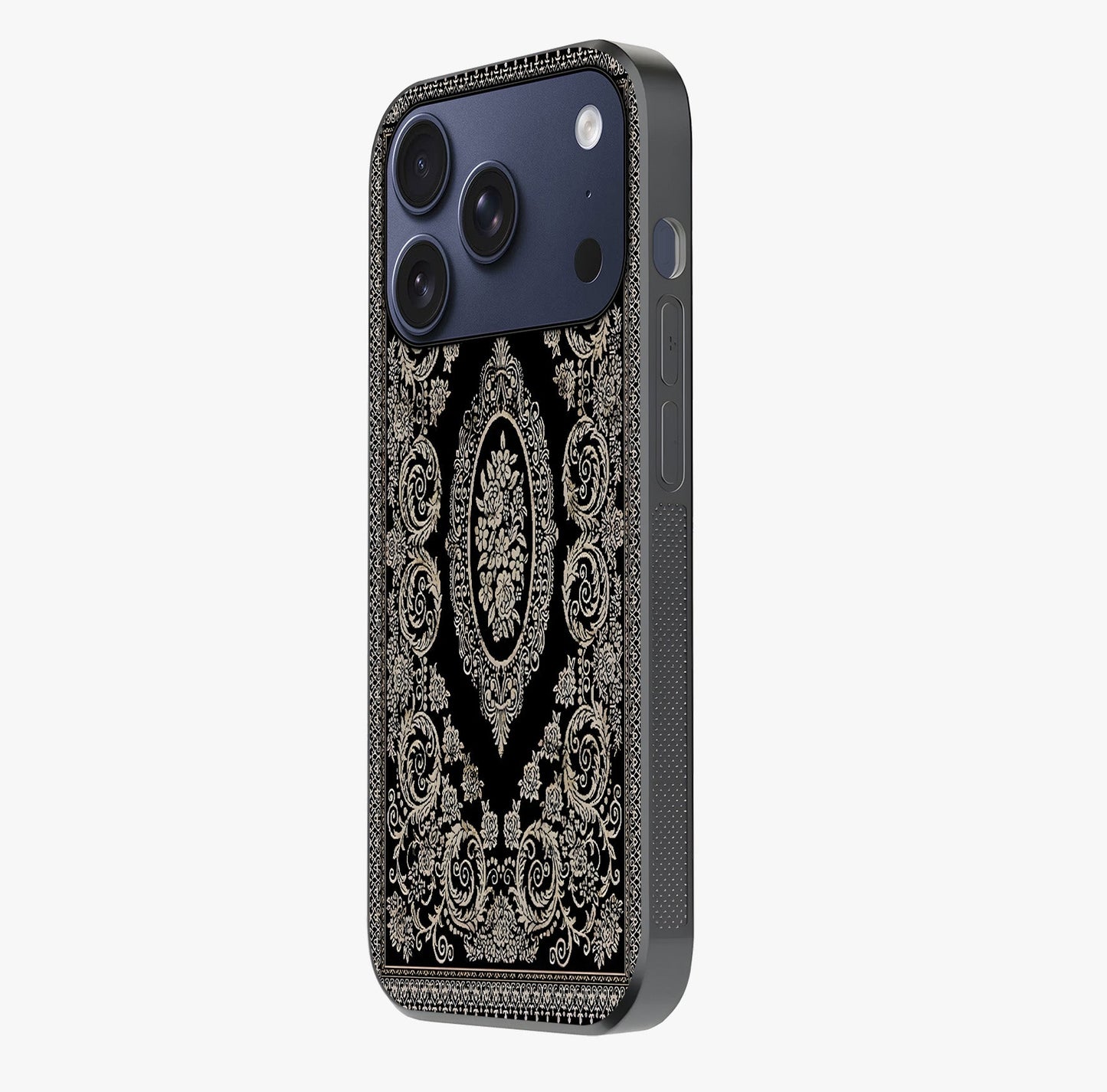 Noir Bloom Elegance Glass Case photographed in natural light showing reflective finish and design depth.