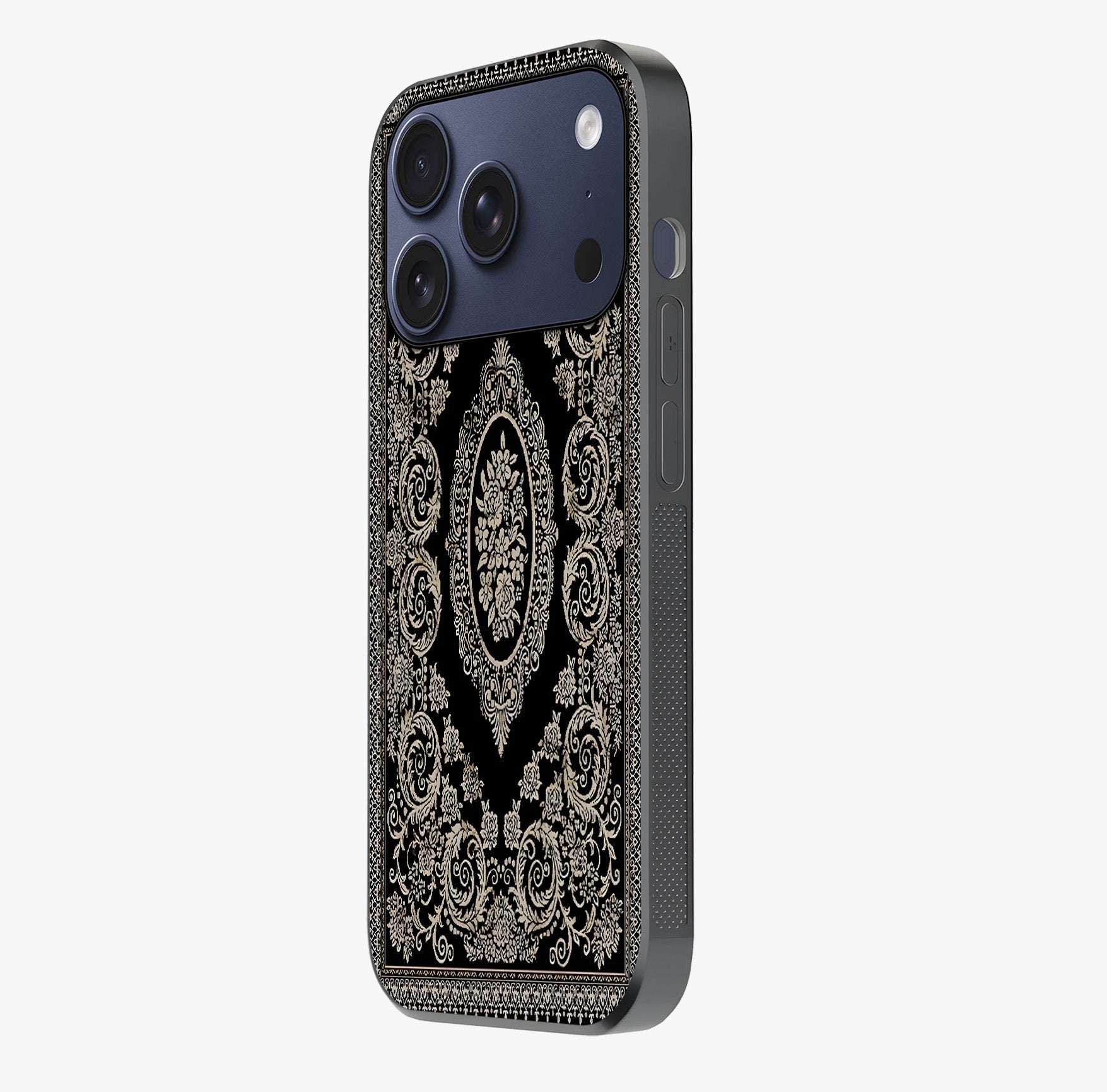 Noir Bloom Elegance Glass Case photographed in natural light showing reflective finish and design depth.