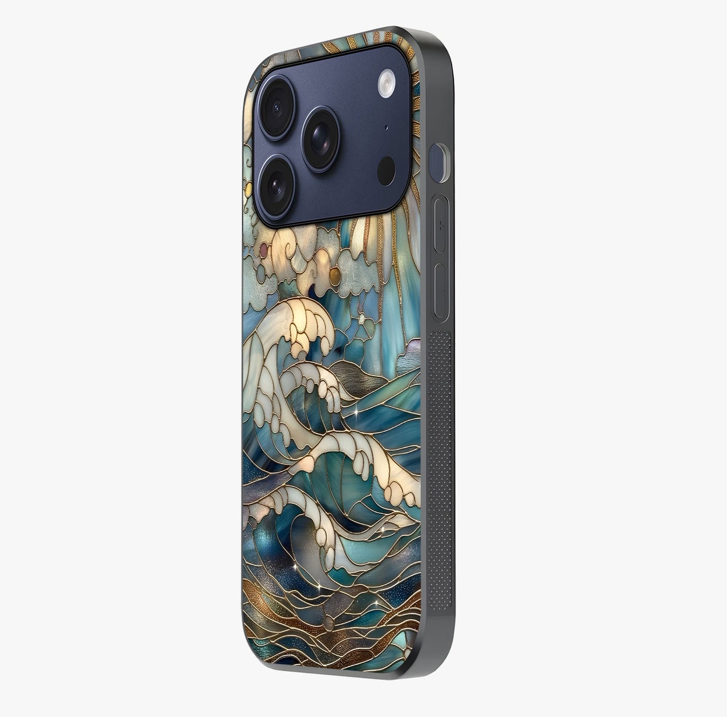 Oceanic Stained Printed Glass Case photographed in natural light showing reflective finish and design depth.