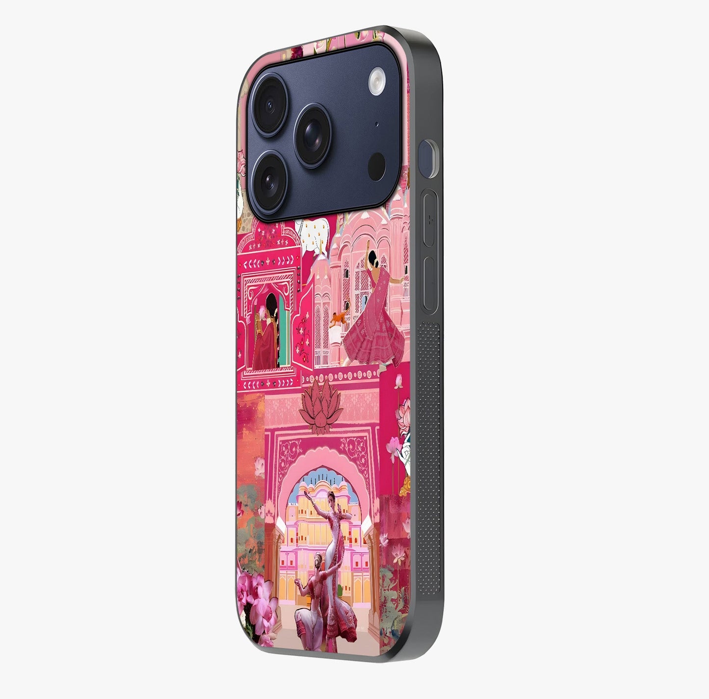 Pink Palace Muse Glass Case photographed in natural light showing reflective finish and design depth.