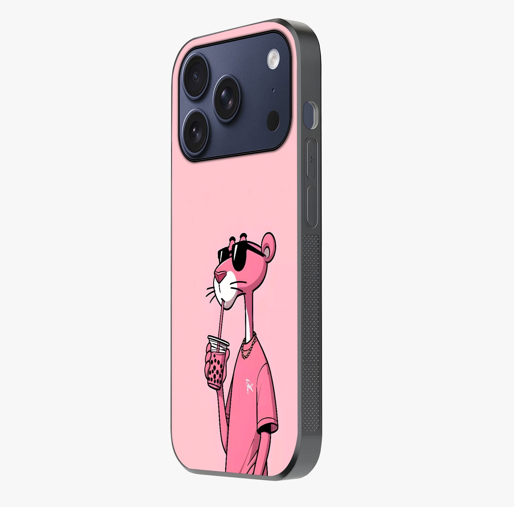 Pink Panther Glass Case photographed in natural light showing reflective finish and design depth.