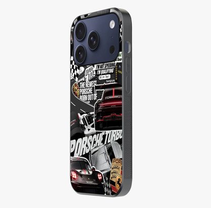Porsche Racing Collage Glass Case photographed in natural light showing reflective finish and design depth.