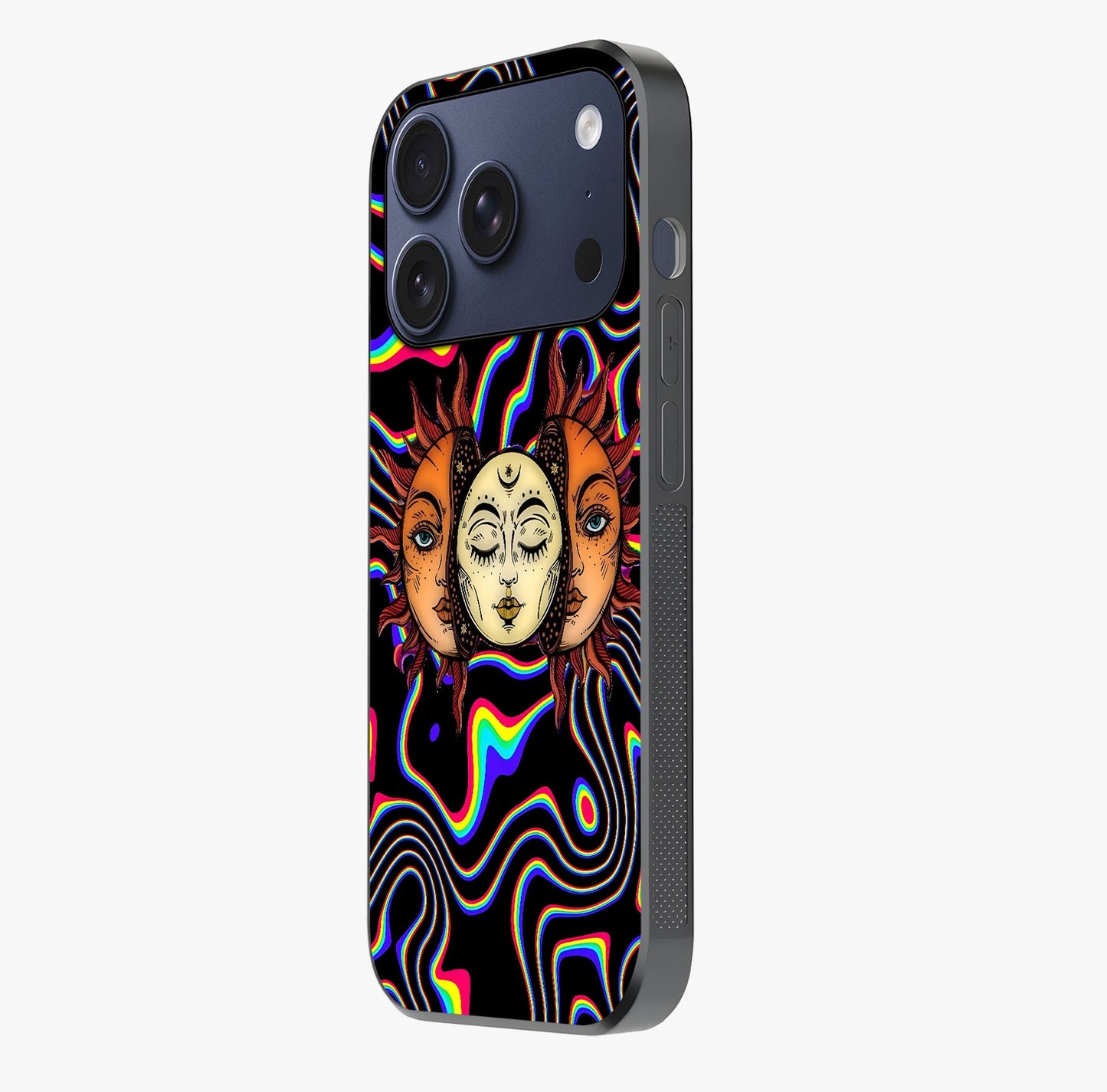 Psychedelic Sun Glass Case photographed in natural light showing reflective finish and design depth.