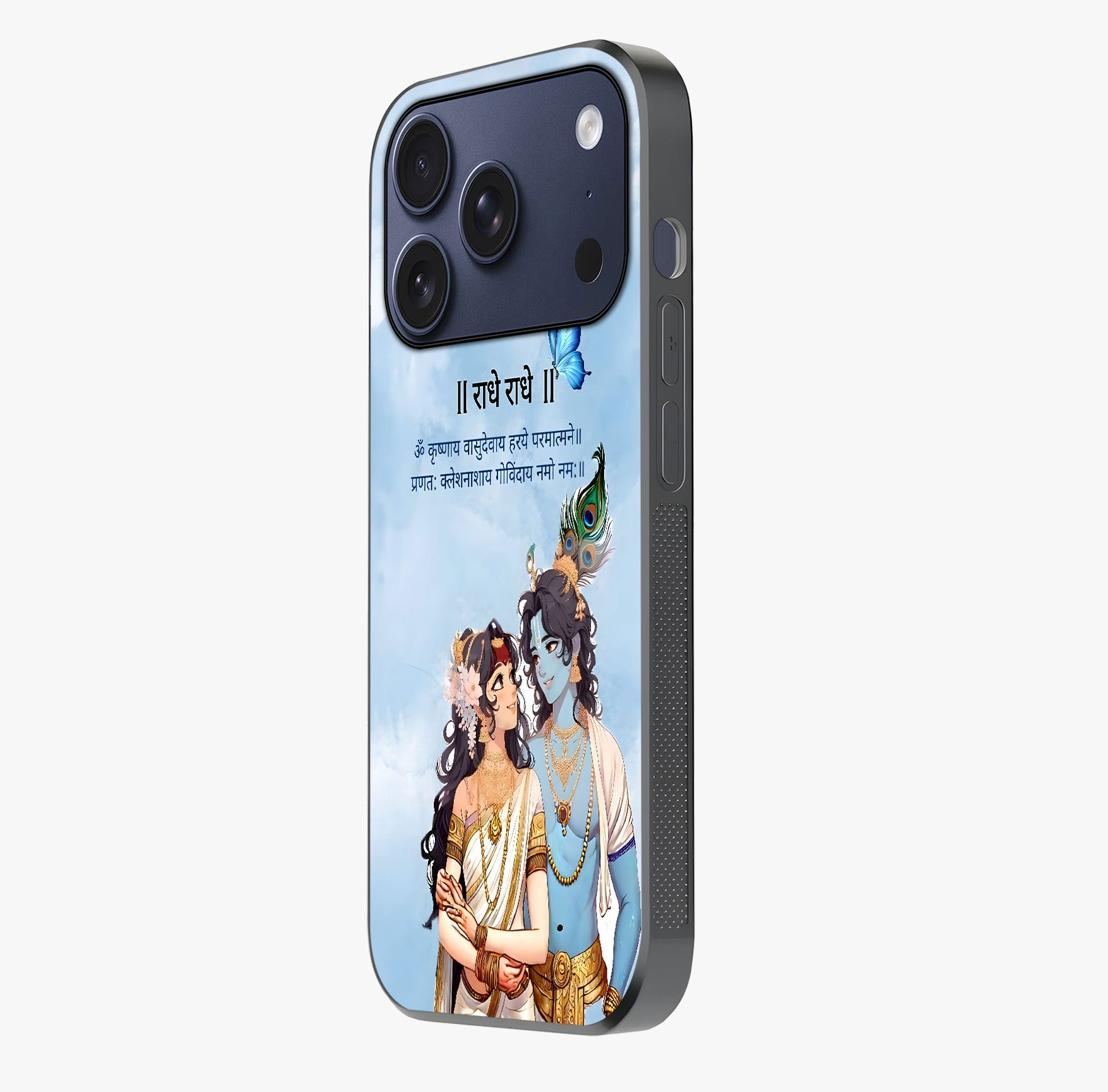 Radha Krishna Eternal Glass Case photographed in natural light showing reflective finish and design depth.