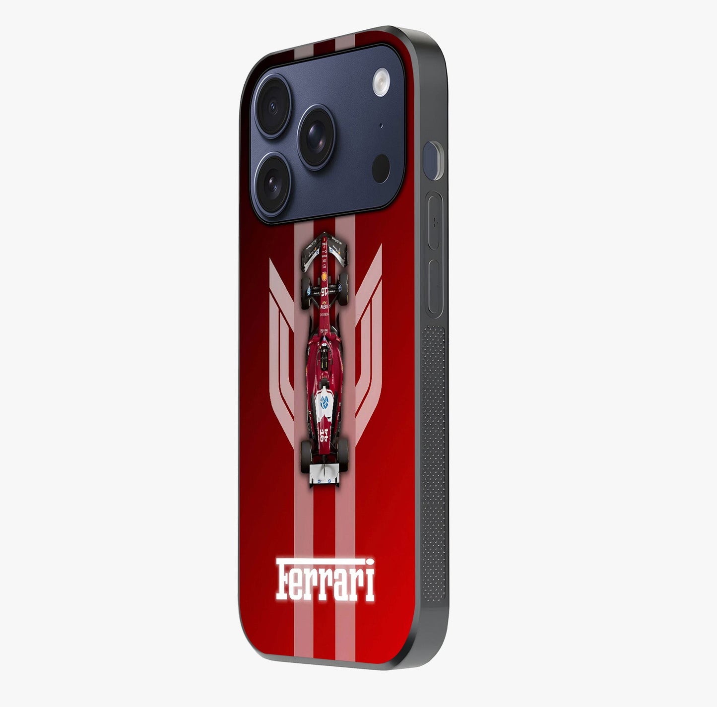 Red Ferrari F1 Vertical Glass Case photographed in natural light showing reflective finish and design depth.