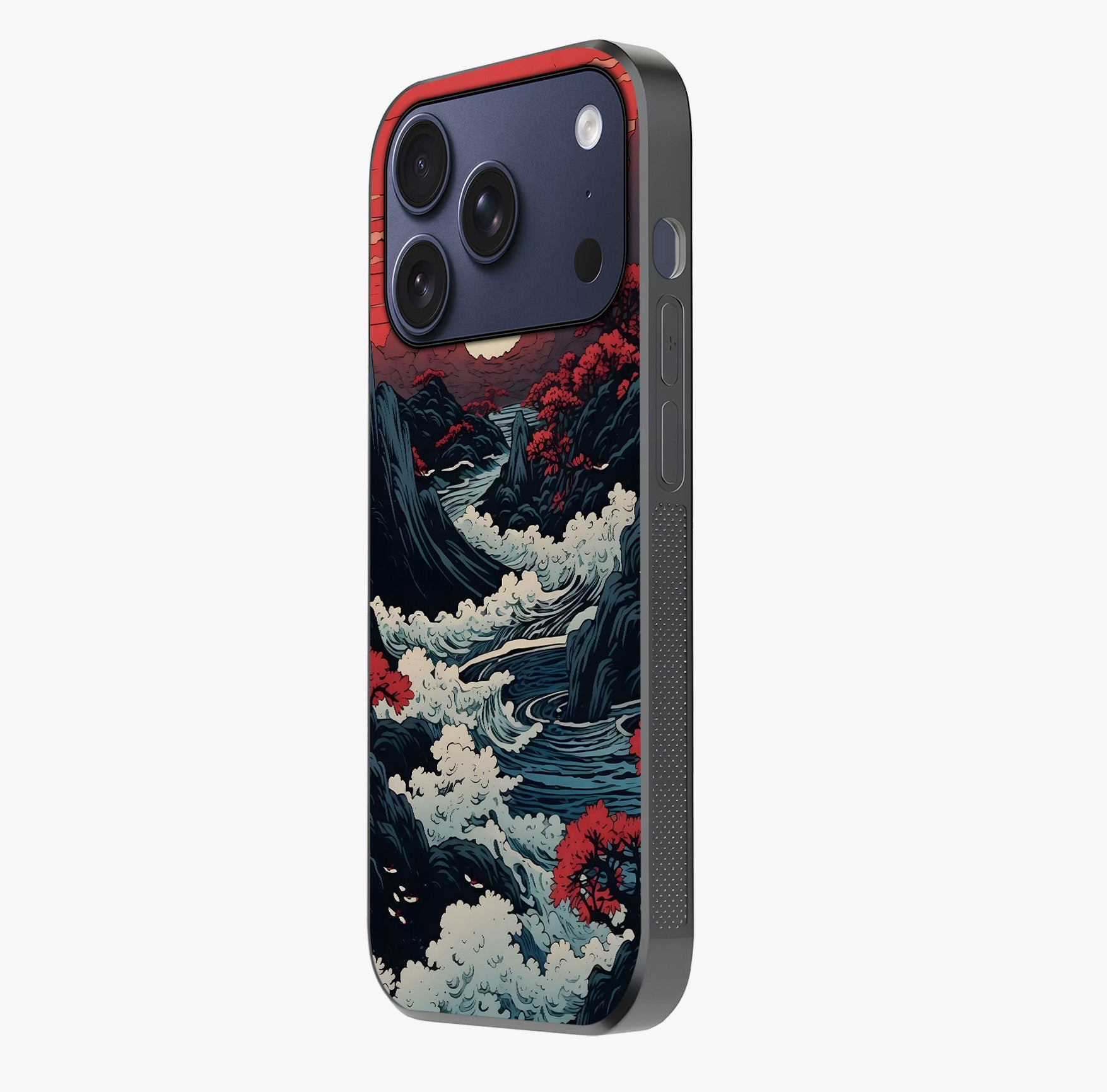 Red Sunset Scenery Glass Case photographed in natural light showing reflective finish and design depth.