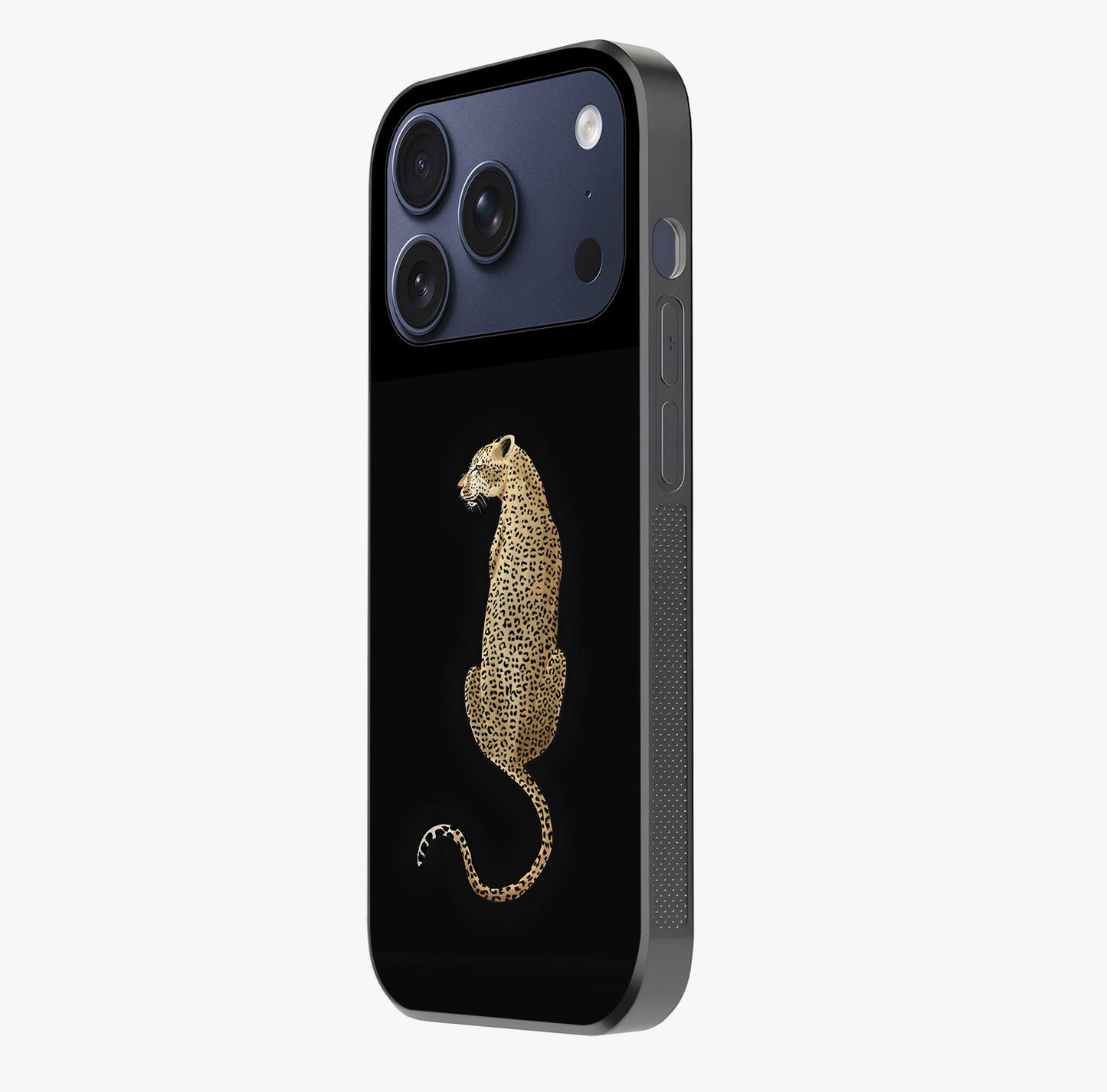 Regal Leopard Glass Case photographed in natural light showing reflective finish and design depth.