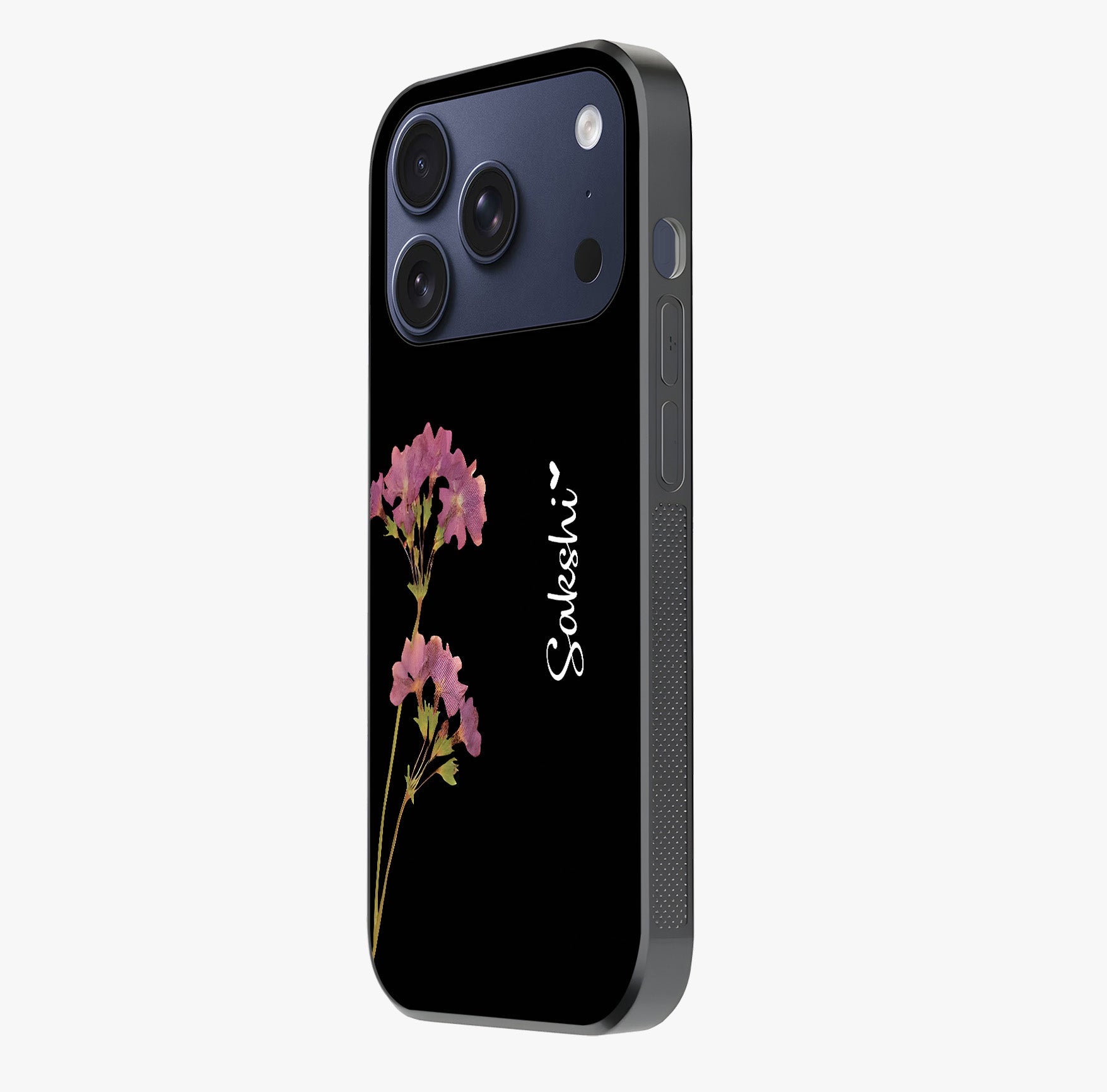 Riching Lavender Flower Custom Name Glass Case photographed in natural light showing reflective finish and design depth.