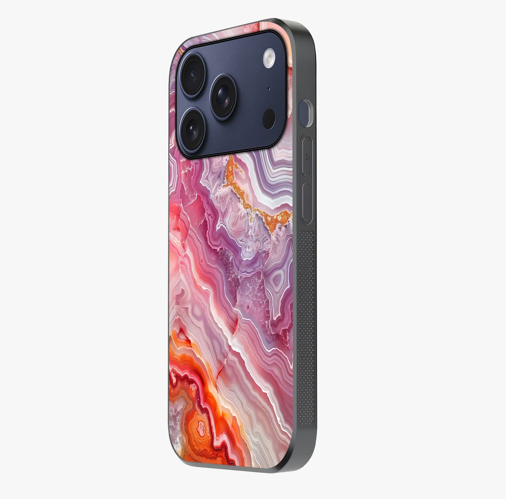 Rose Quartz Marble Glass Case photographed in natural light showing reflective finish and design depth.