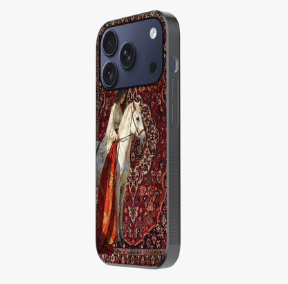 Royal Rider Tapestry Glass Case photographed in natural light showing reflective finish and design depth.