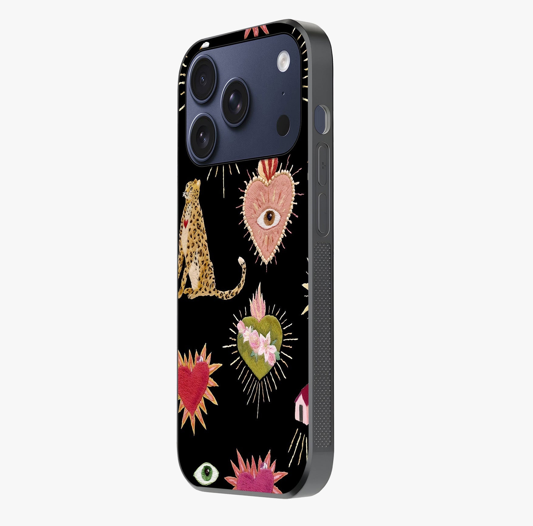 Sacred Jungle Heart Glass Case photographed in natural light showing reflective finish and design depth.