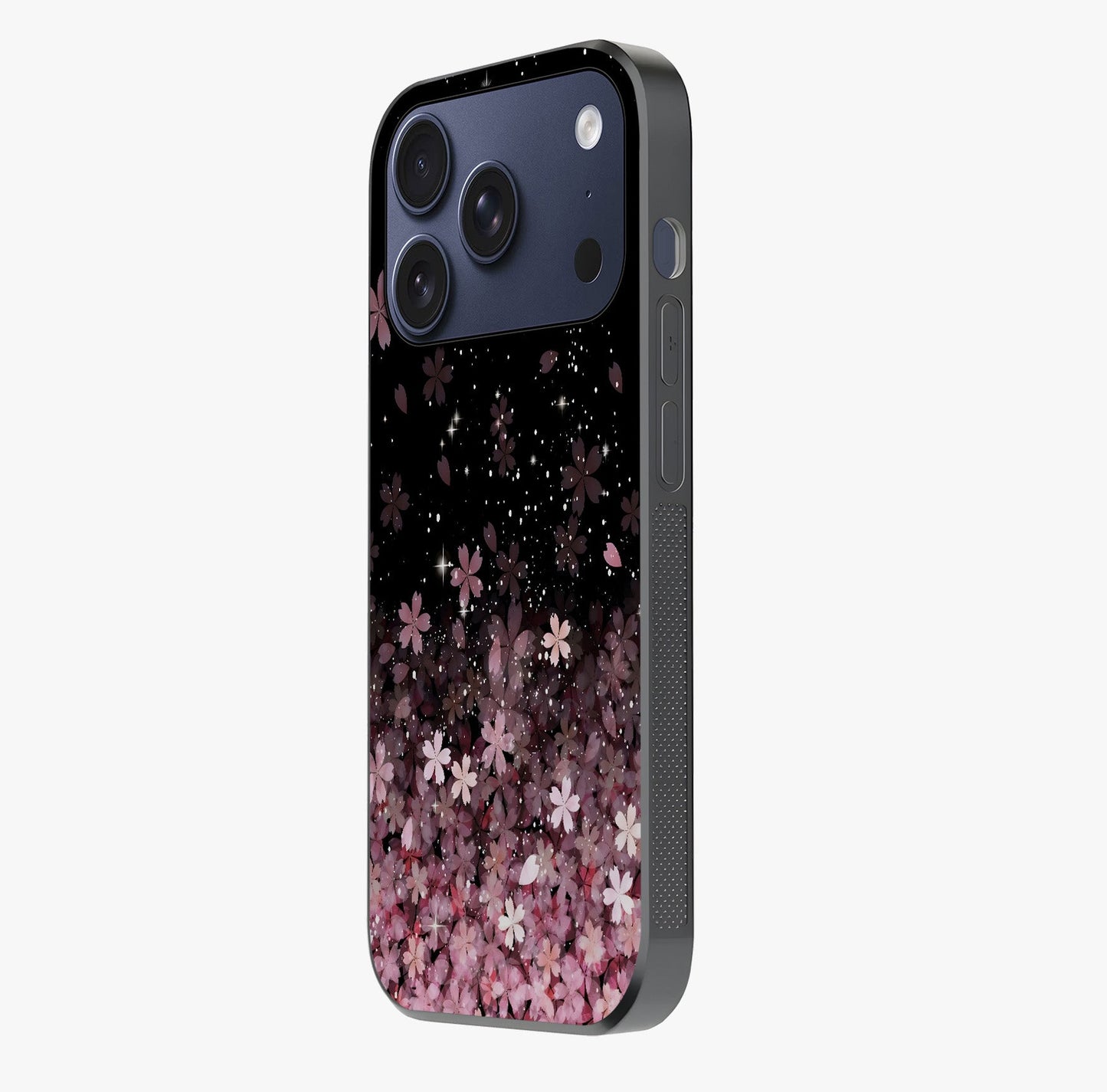 Small Starry Flowers Glass Case photographed in natural light showing reflective finish and design depth.