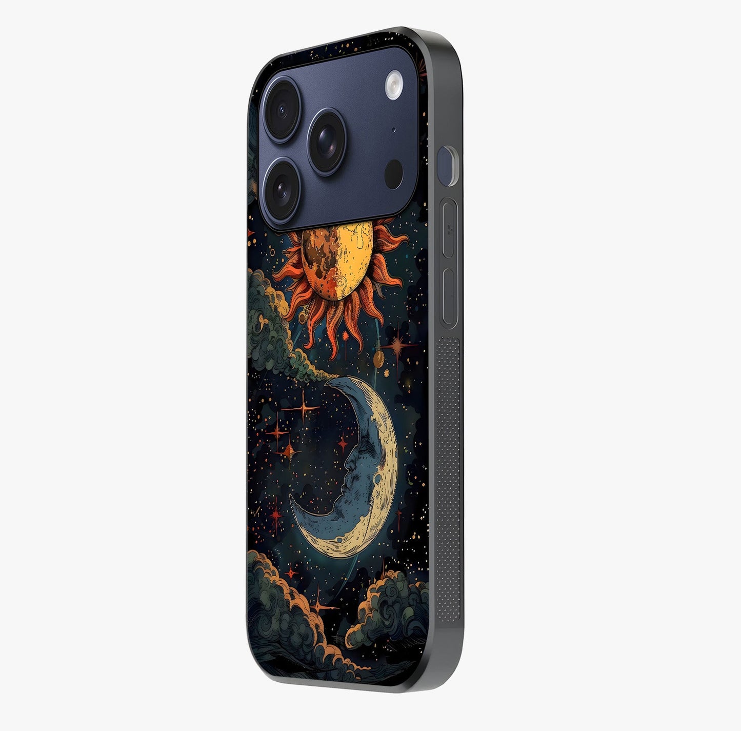 Sun And Moon Magic Design Glass Case photographed in natural light showing reflective finish and design depth.