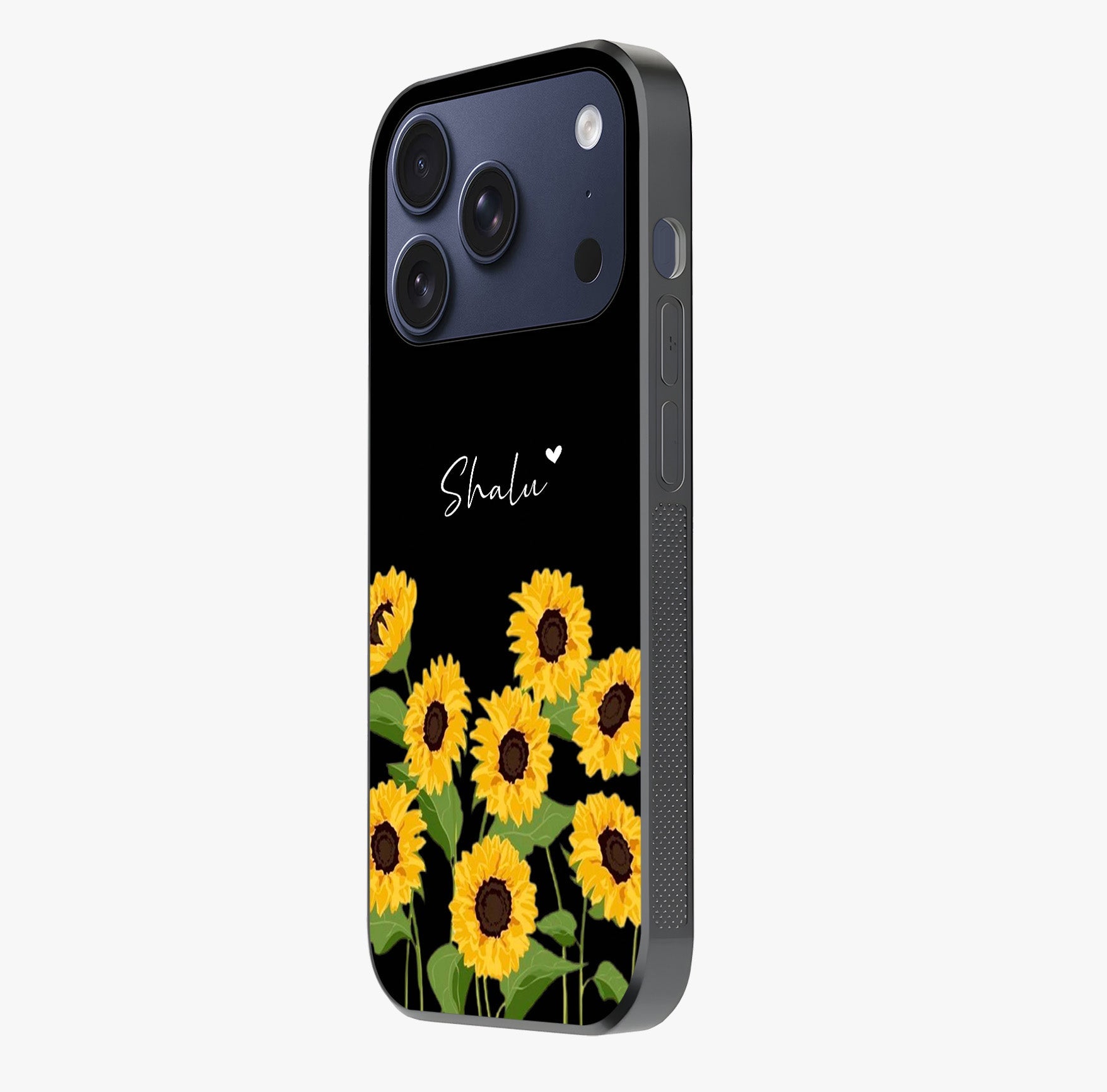 Sunflower Chic Mood Custom Name Glass Case photographed in natural light showing reflective finish and design depth.