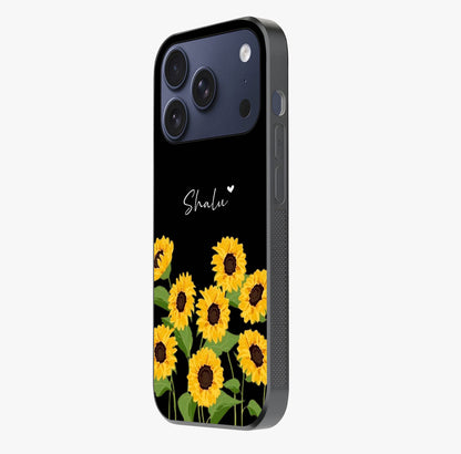 Sunflower Chic Mood Custom Name Glass Case photographed in natural light showing reflective finish and design depth.