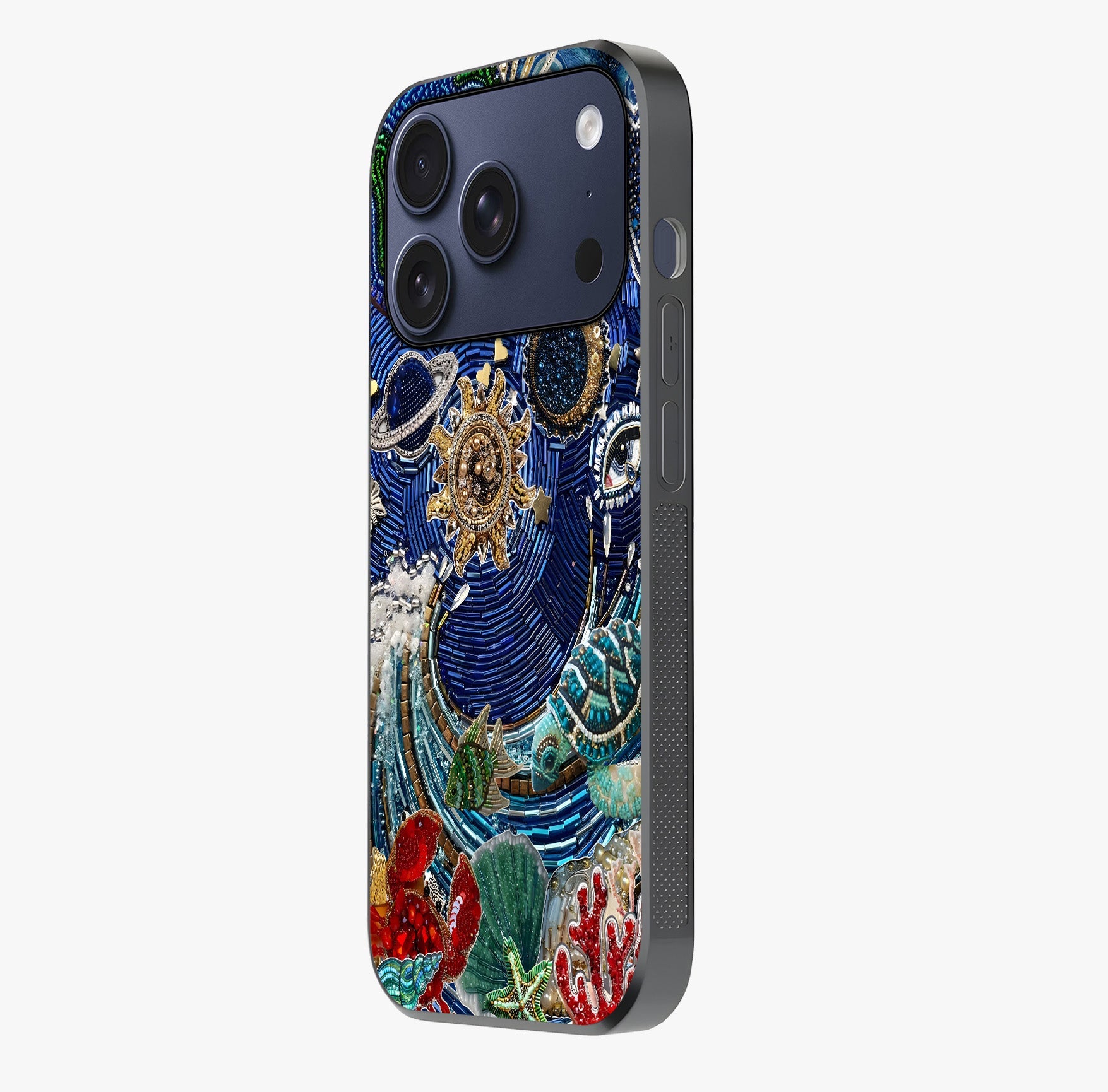 Universe Underwater Spark Glass Case photographed in natural light showing reflective finish and design depth.