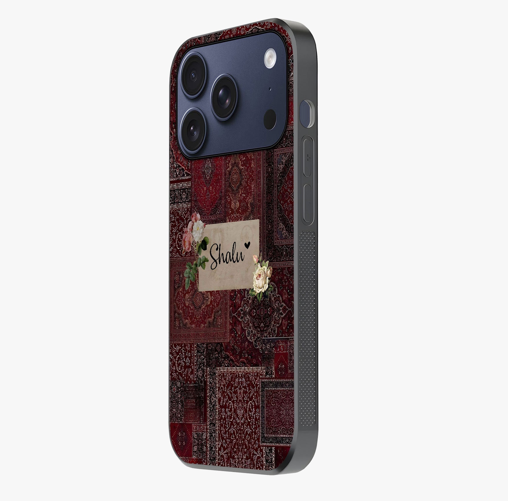 Velvet Wine Pattern Custom Name Glass Case photographed in natural light showing reflective finish and design depth.