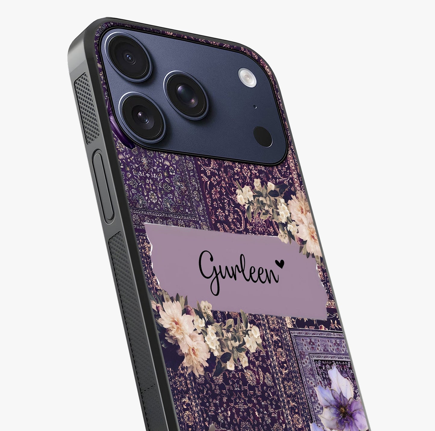 Antique Floral Whisper Custom Name Glass Case captured at a warm angle highlighting gloss, texture and premium glass finish.