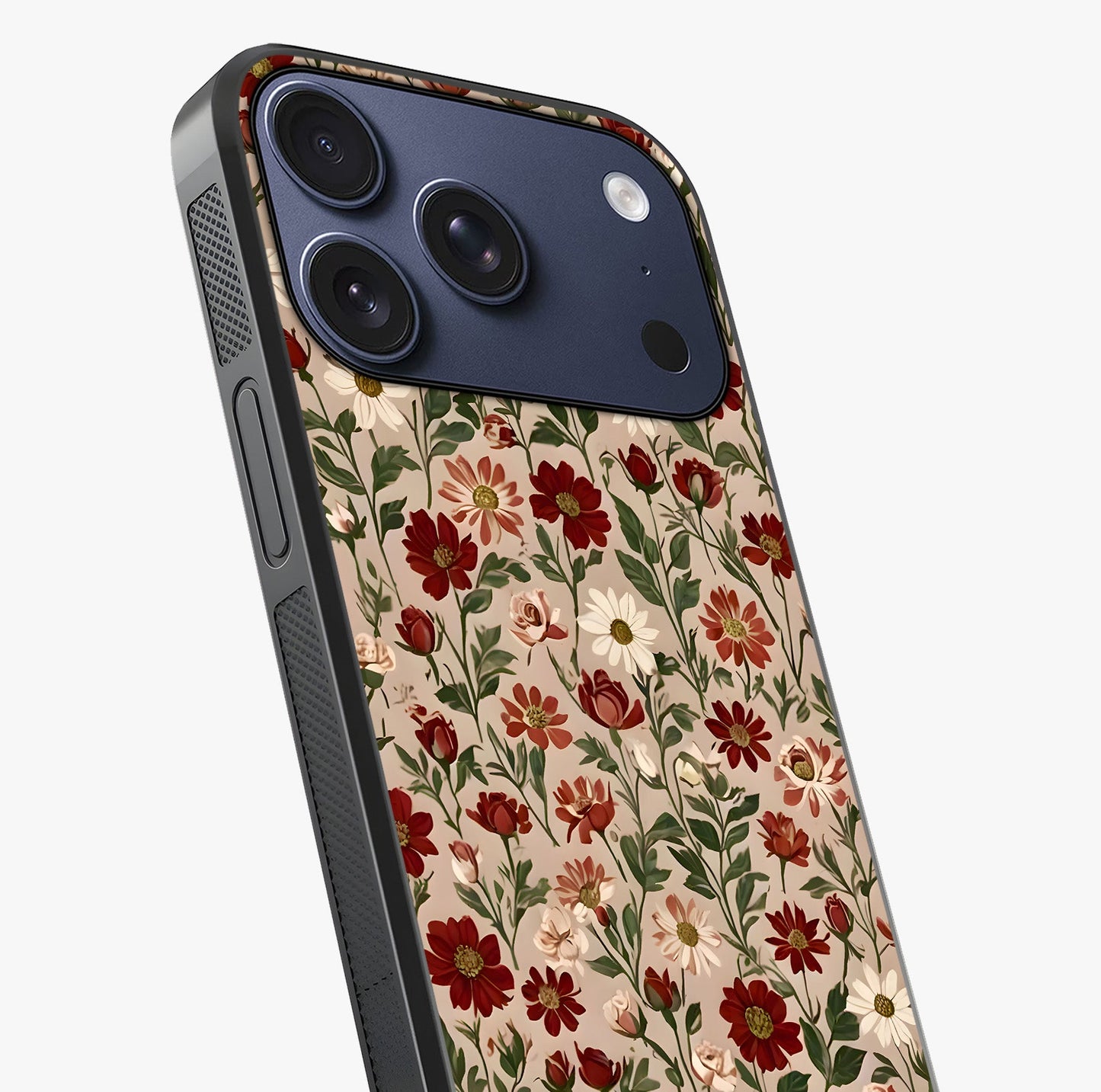 Biege Flower With Leaf Glass Case captured at a warm angle highlighting gloss, texture and premium glass finish.