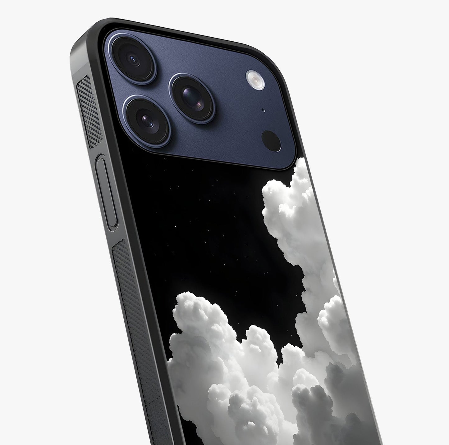 Black Background With White Cloud Glass Case captured at a warm angle highlighting gloss, texture and premium glass finish.