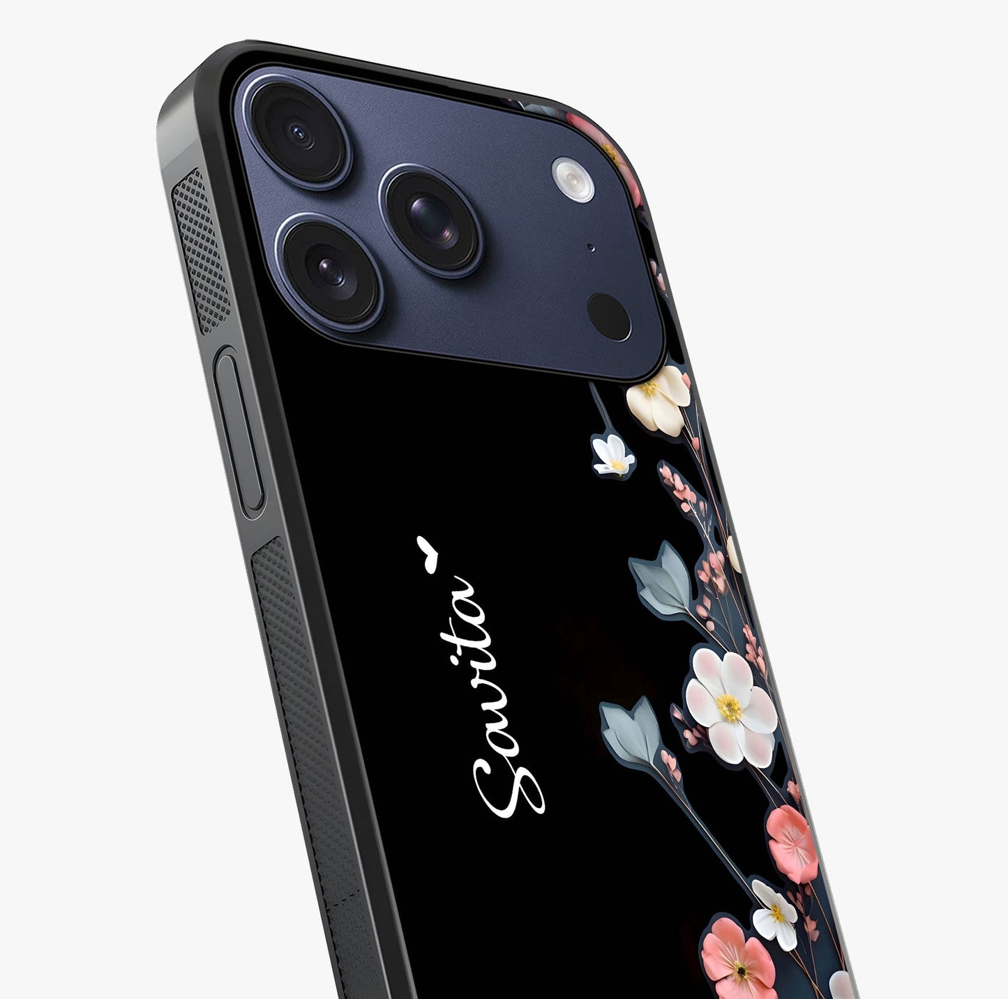 Black Elegance Floral Custom Name Glass Case captured at a warm angle highlighting gloss, texture and premium glass finish.