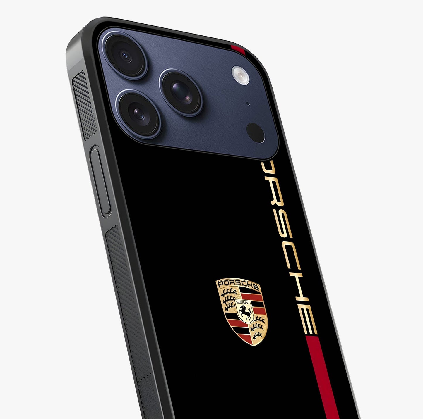 Black Minimal Porsche Glass Case captured at a warm angle highlighting gloss, texture and premium glass finish.
