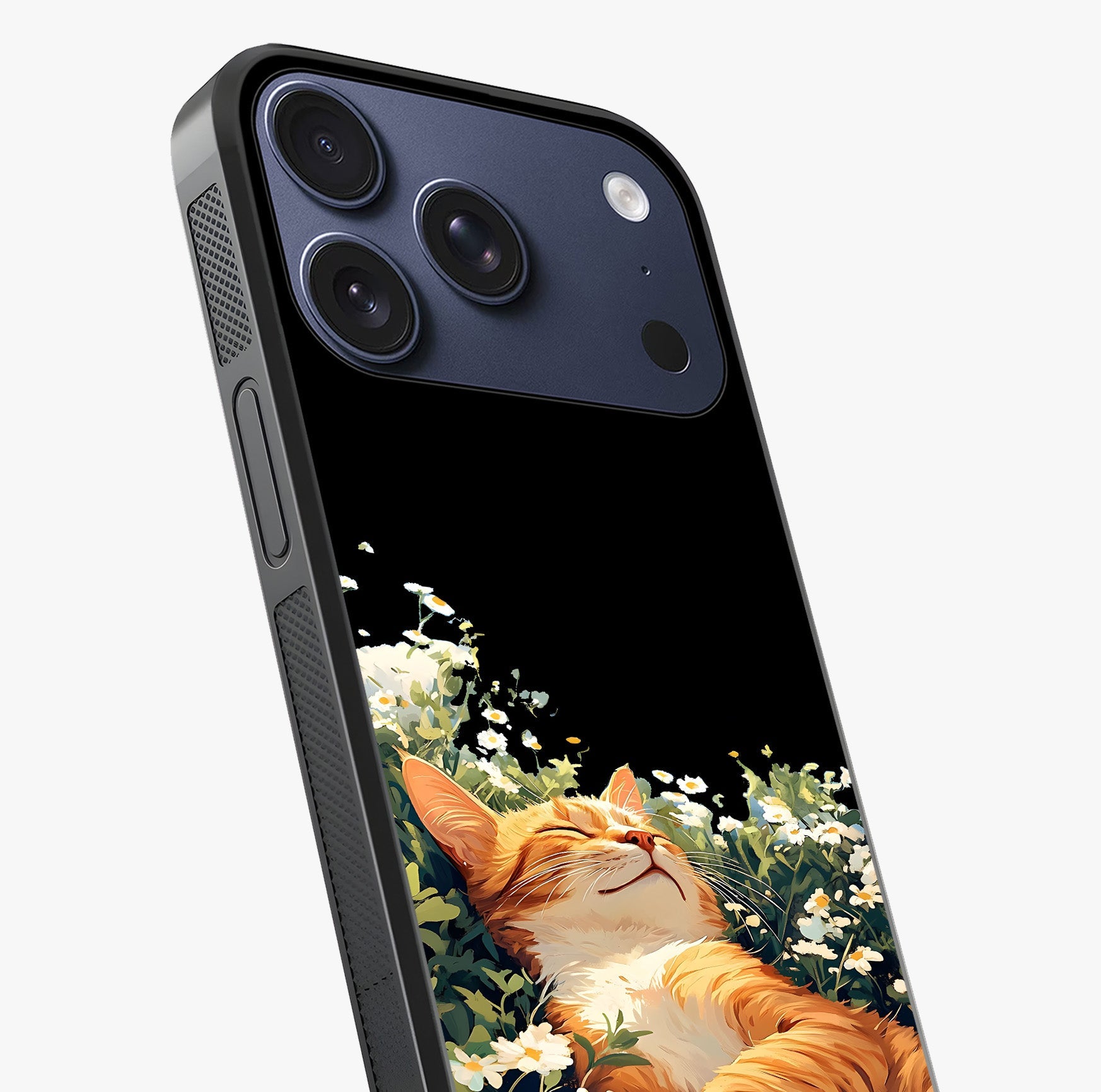 Blissful Bloom Cat Glass Case captured at a warm angle highlighting gloss, texture and premium glass finish.