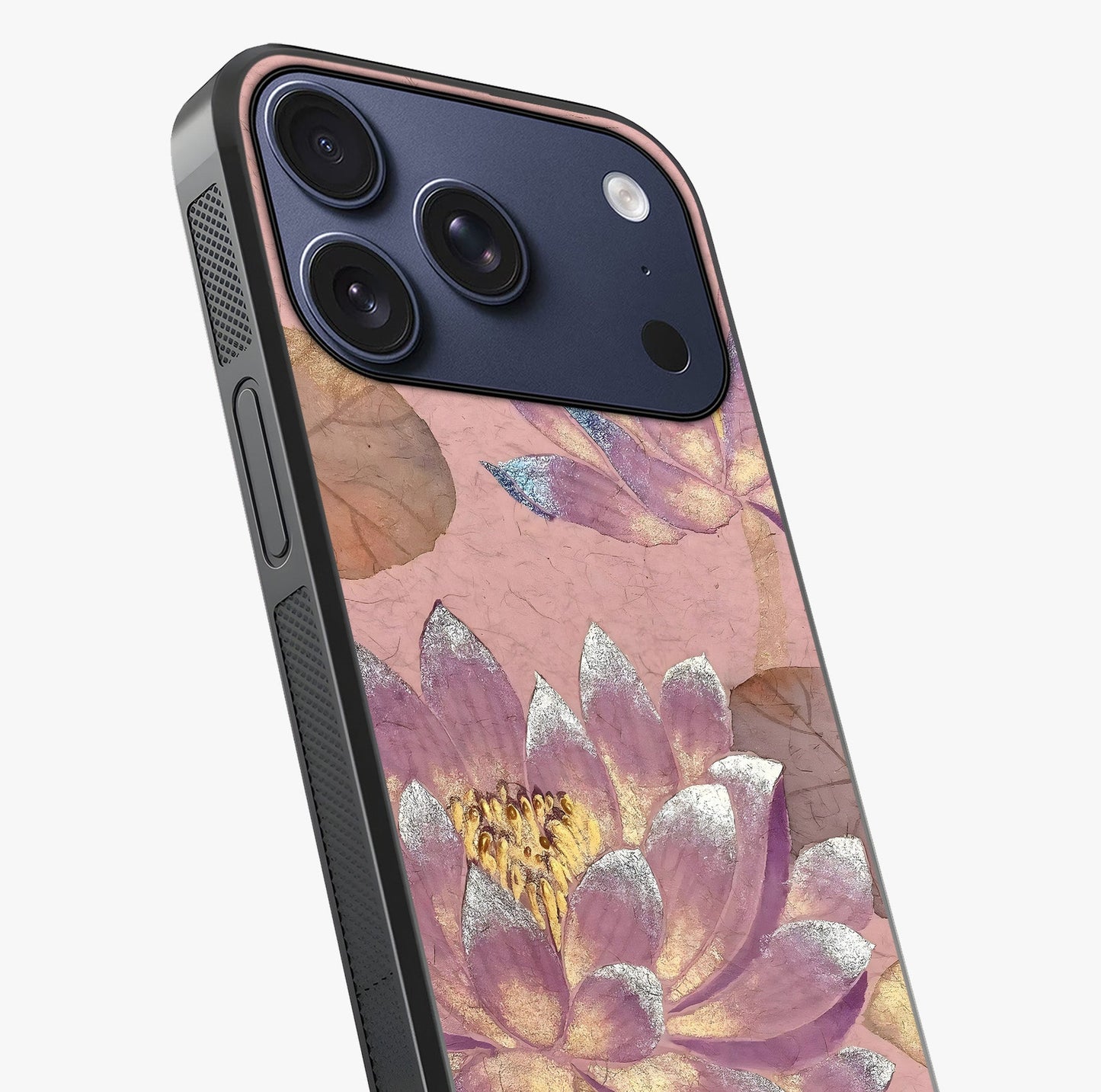 Blossom Mist Lotus Glass Case captured at a warm angle highlighting gloss, texture and premium glass finish.