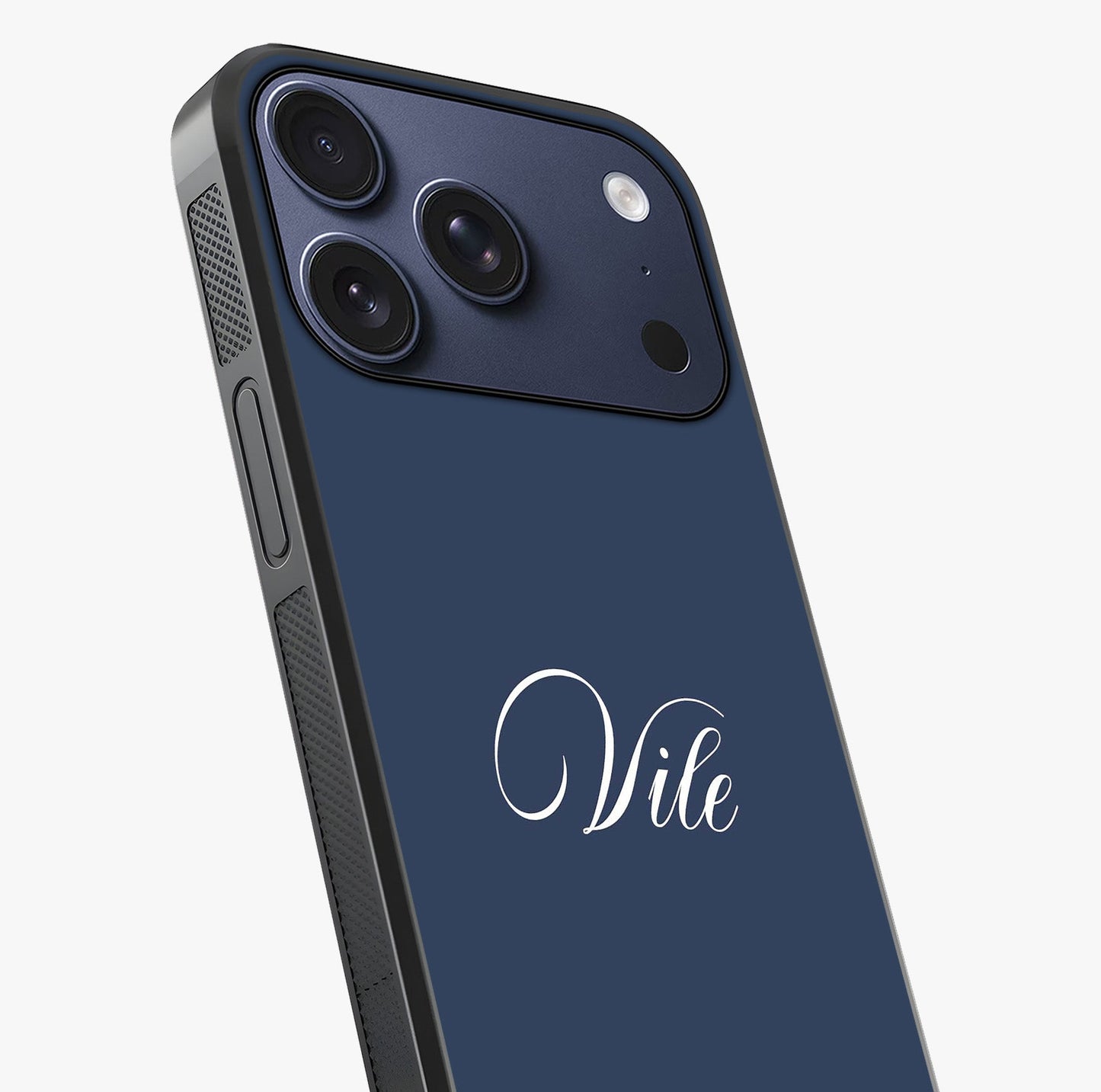 Blue Background Personalized Custom Name Glass Case captured at a warm angle highlighting gloss, texture and premium glass finish.