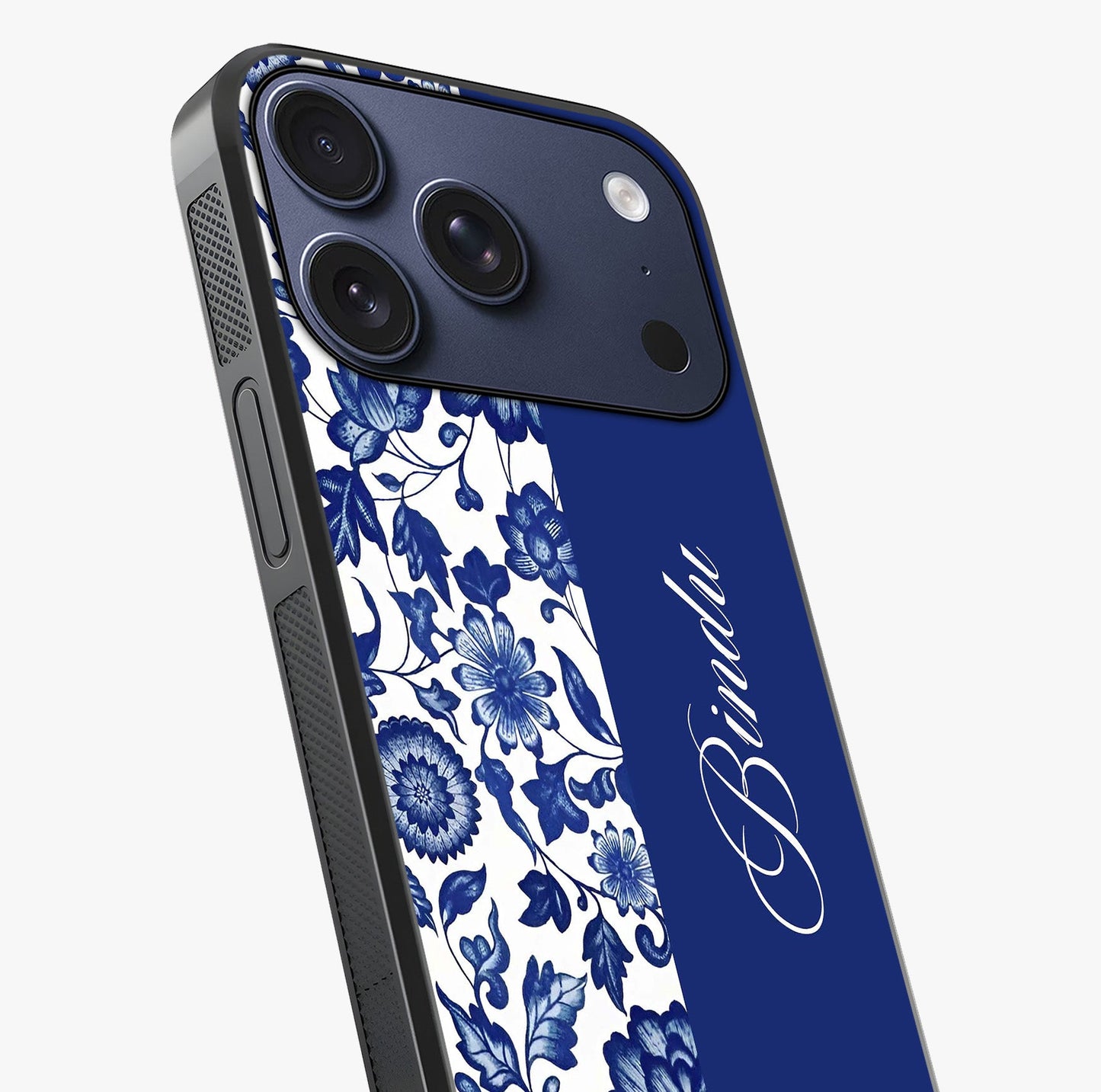 Blue Vintage Floral Pattern Glass Case captured at a warm angle highlighting gloss, texture and premium glass finish.
