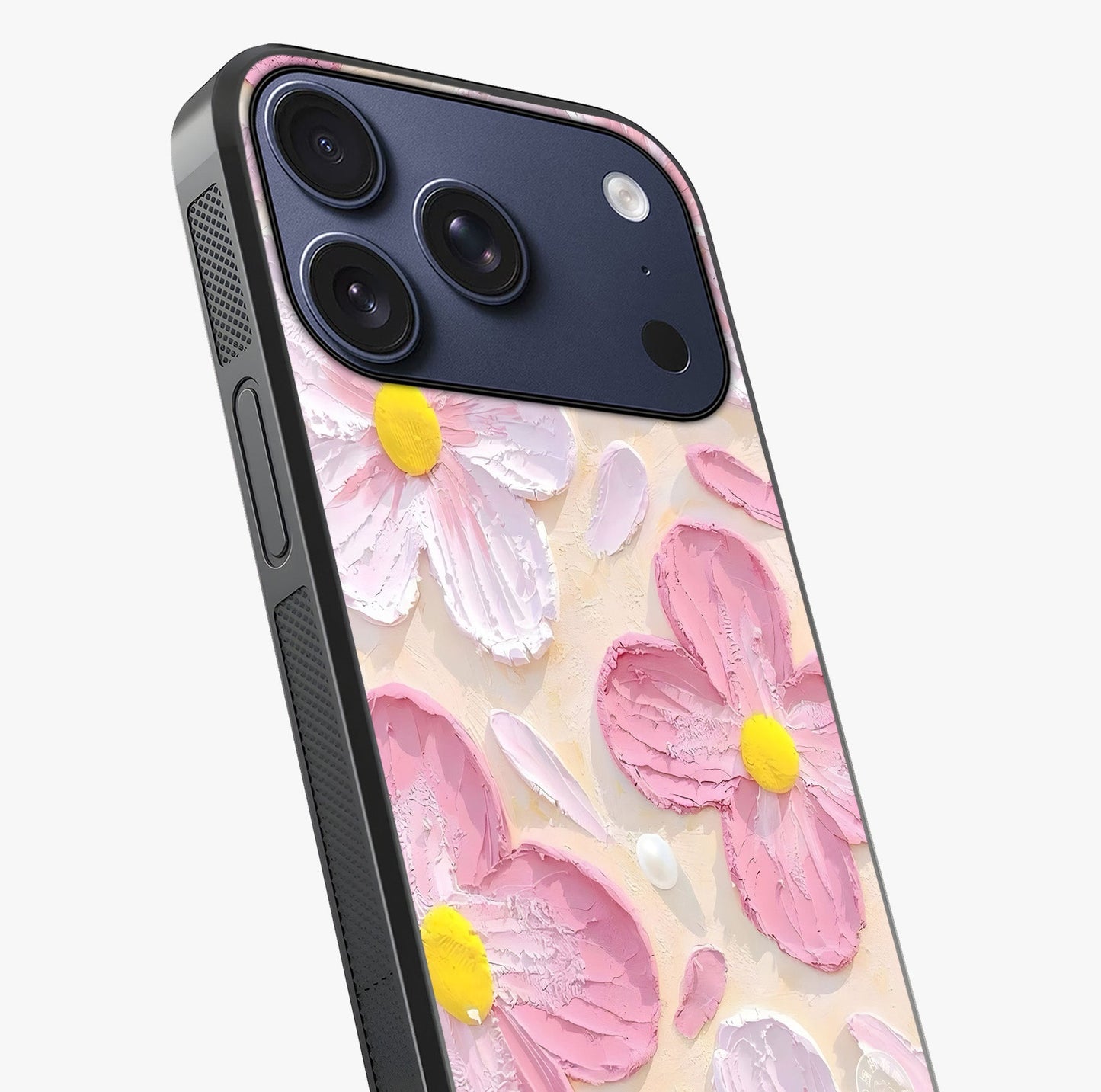 Blush Bloom Texture Glass Case captured at a warm angle highlighting gloss, texture and premium glass finish.