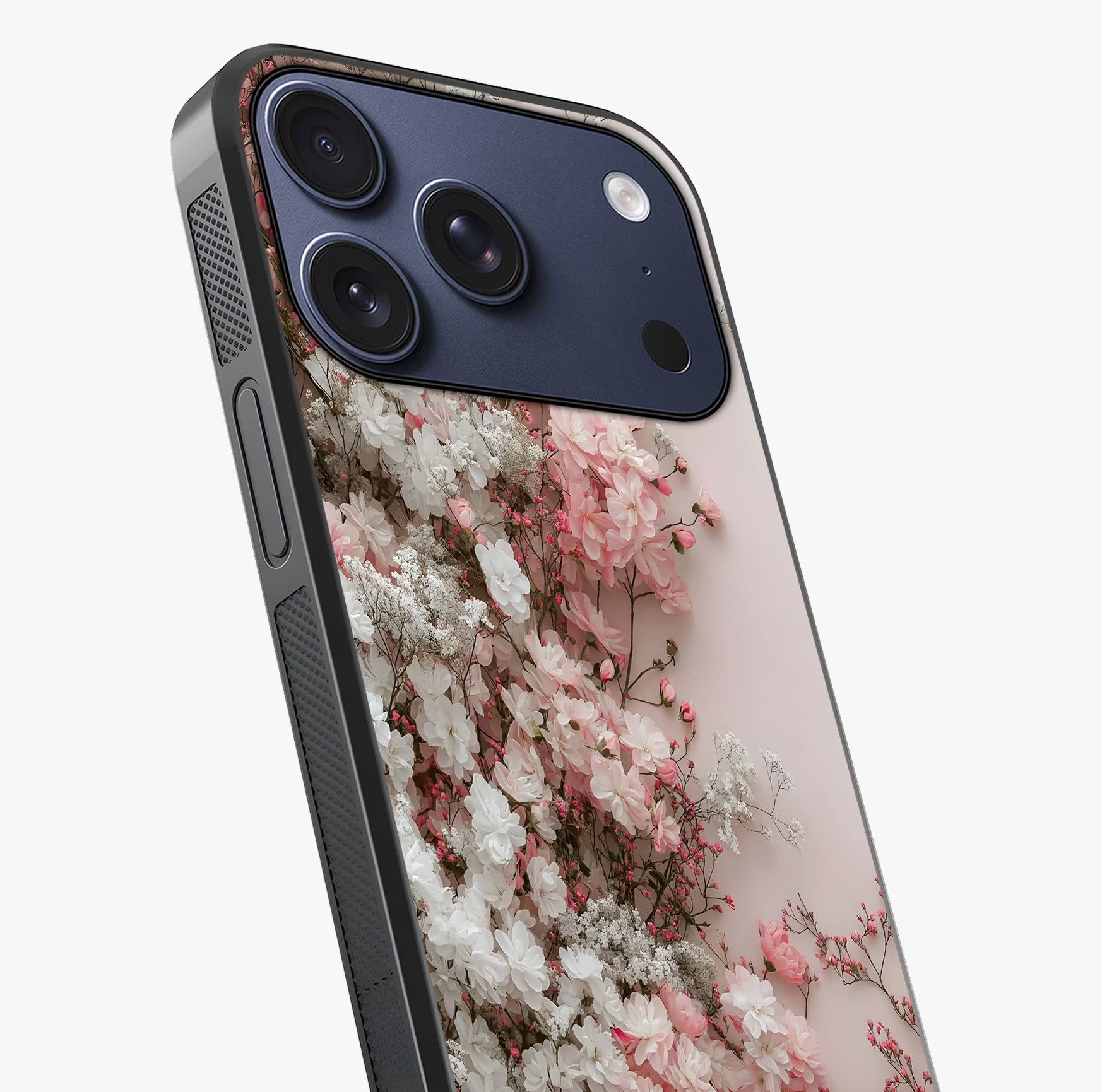 Blush Blossom Cloud Glass Case captured at a warm angle highlighting gloss, texture and premium glass finish.