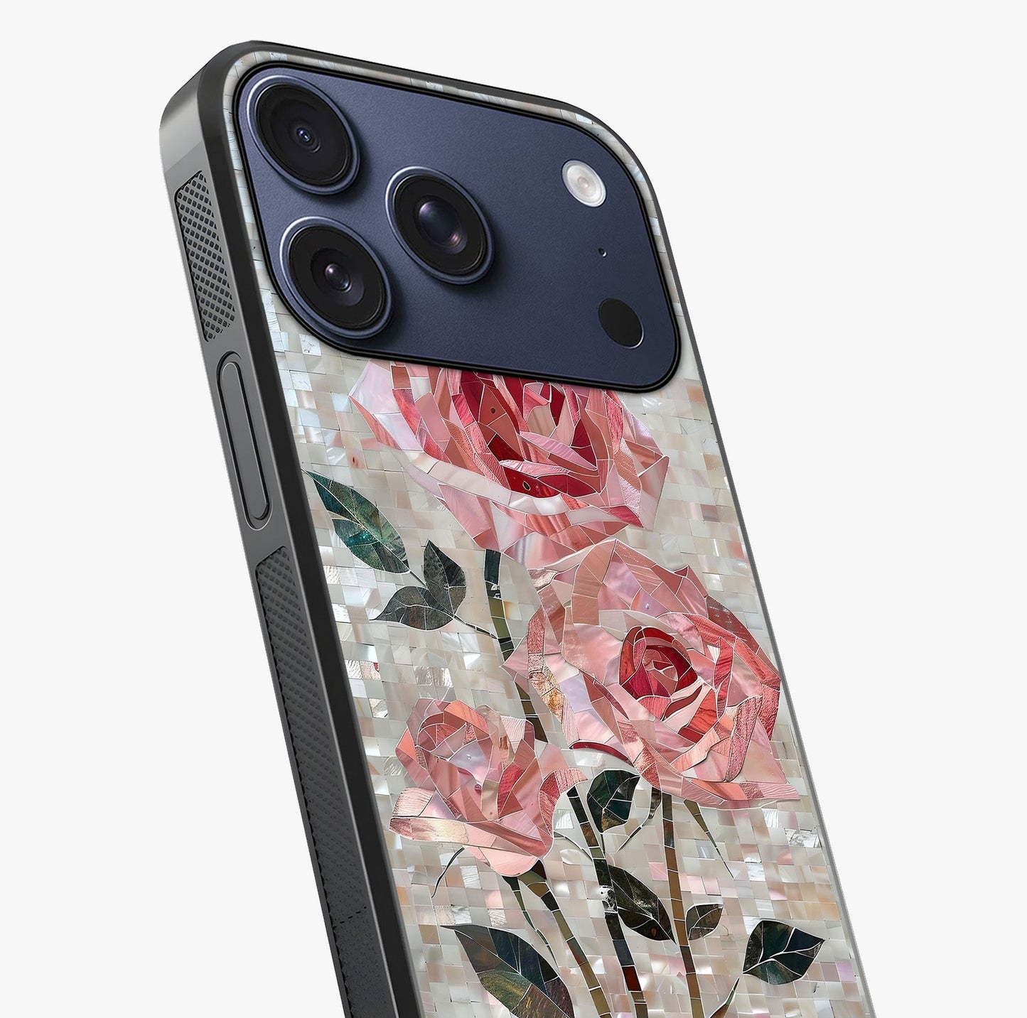 Blush Mosaic Bloom Glass Case captured at a warm angle highlighting gloss, texture and premium glass finish.