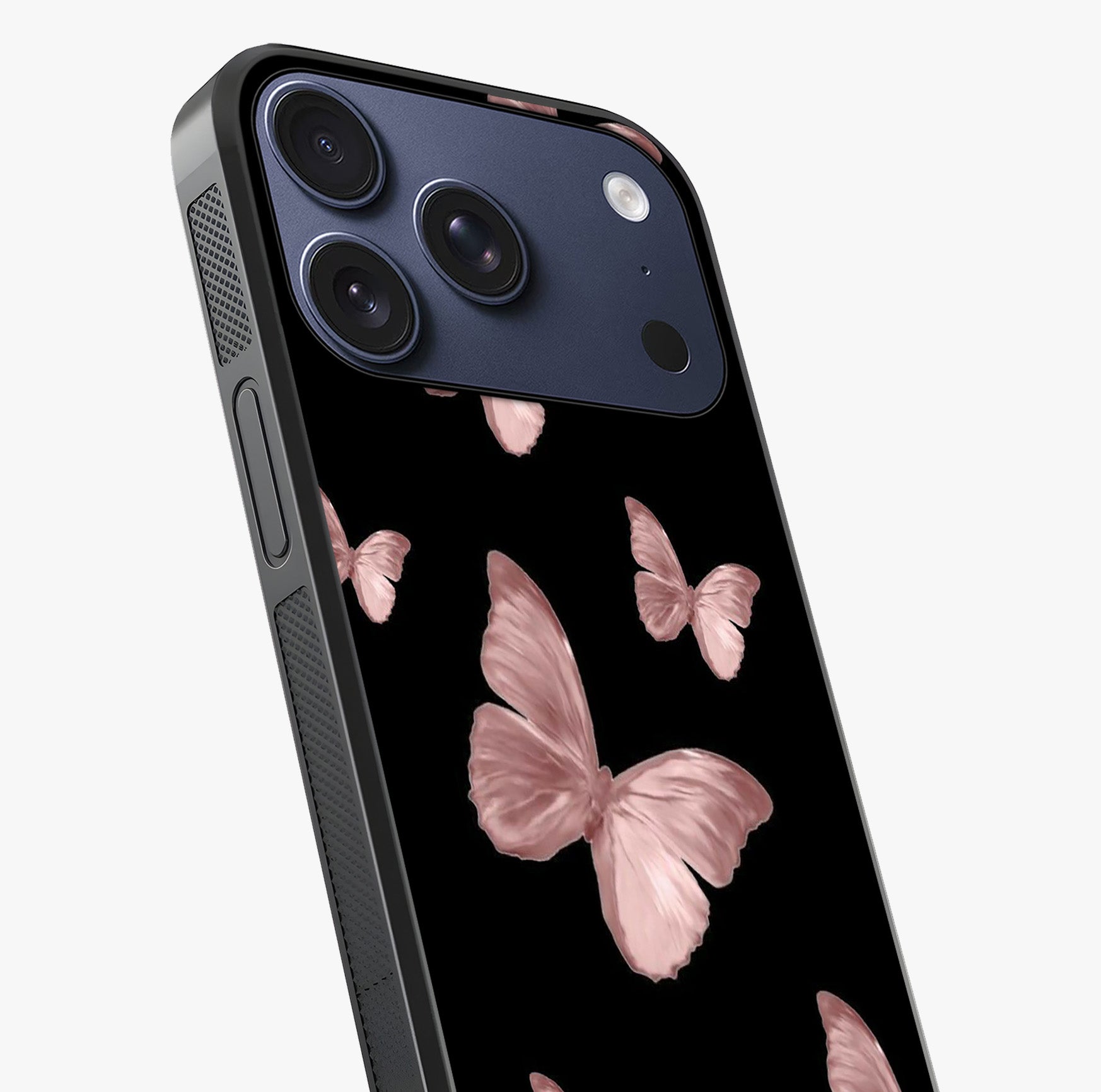 Butterfly Pattern Glass Case captured at a warm angle highlighting gloss, texture and premium glass finish.