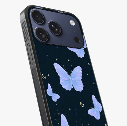 Butterfly With Stars Pattern Glass Case captured at a warm angle highlighting gloss, texture and premium glass finish.