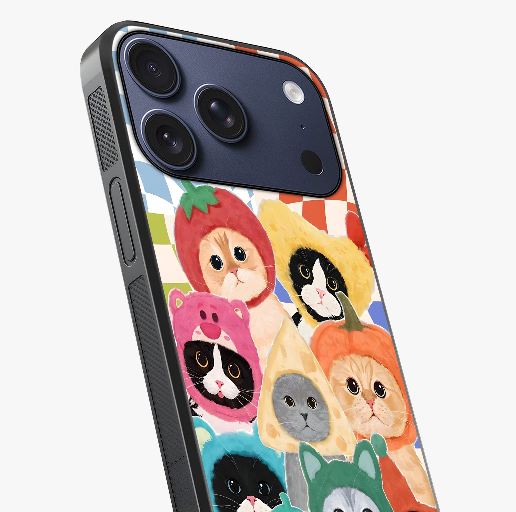 Cats In Fruits Glass Case captured at a warm angle highlighting gloss, texture and premium glass finish.