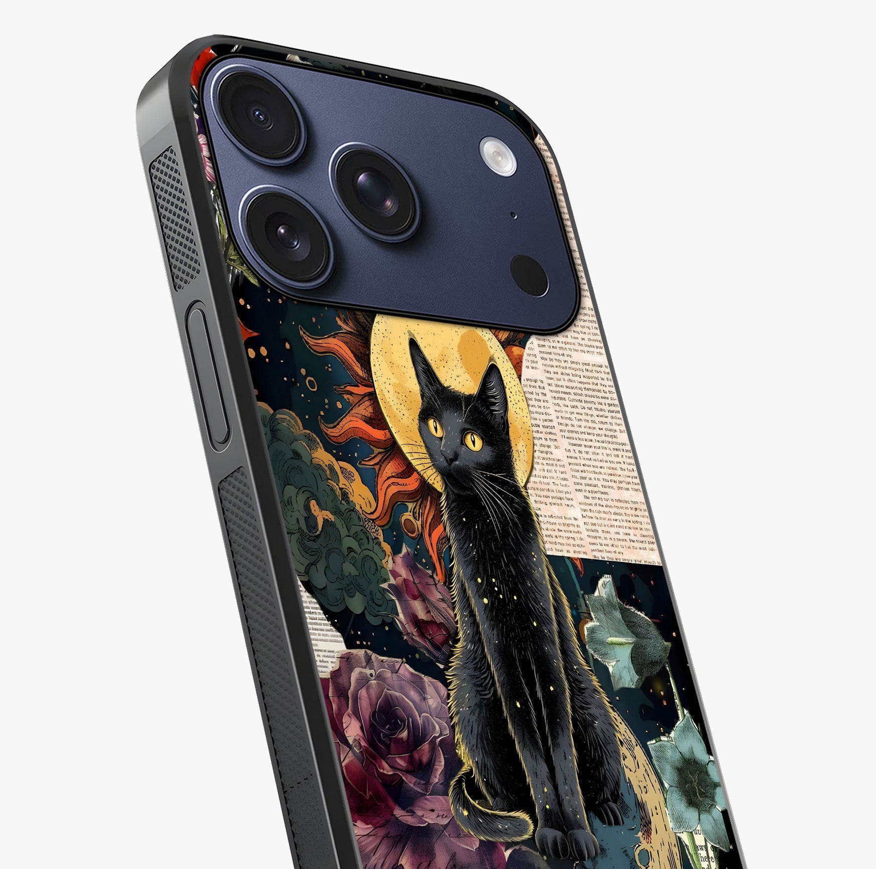 Celestial Black Cat Glass Case captured at a warm angle highlighting gloss, texture and premium glass finish.