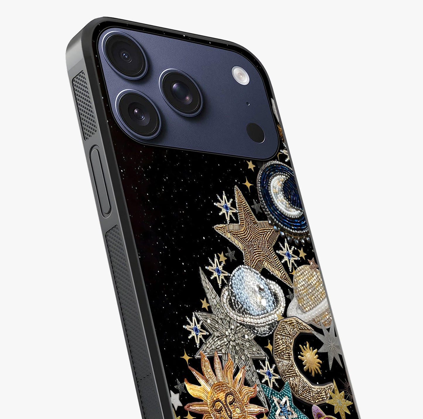 Cosmic Sparkle Dreams Glass Case captured at a warm angle highlighting gloss, texture and premium glass finish.