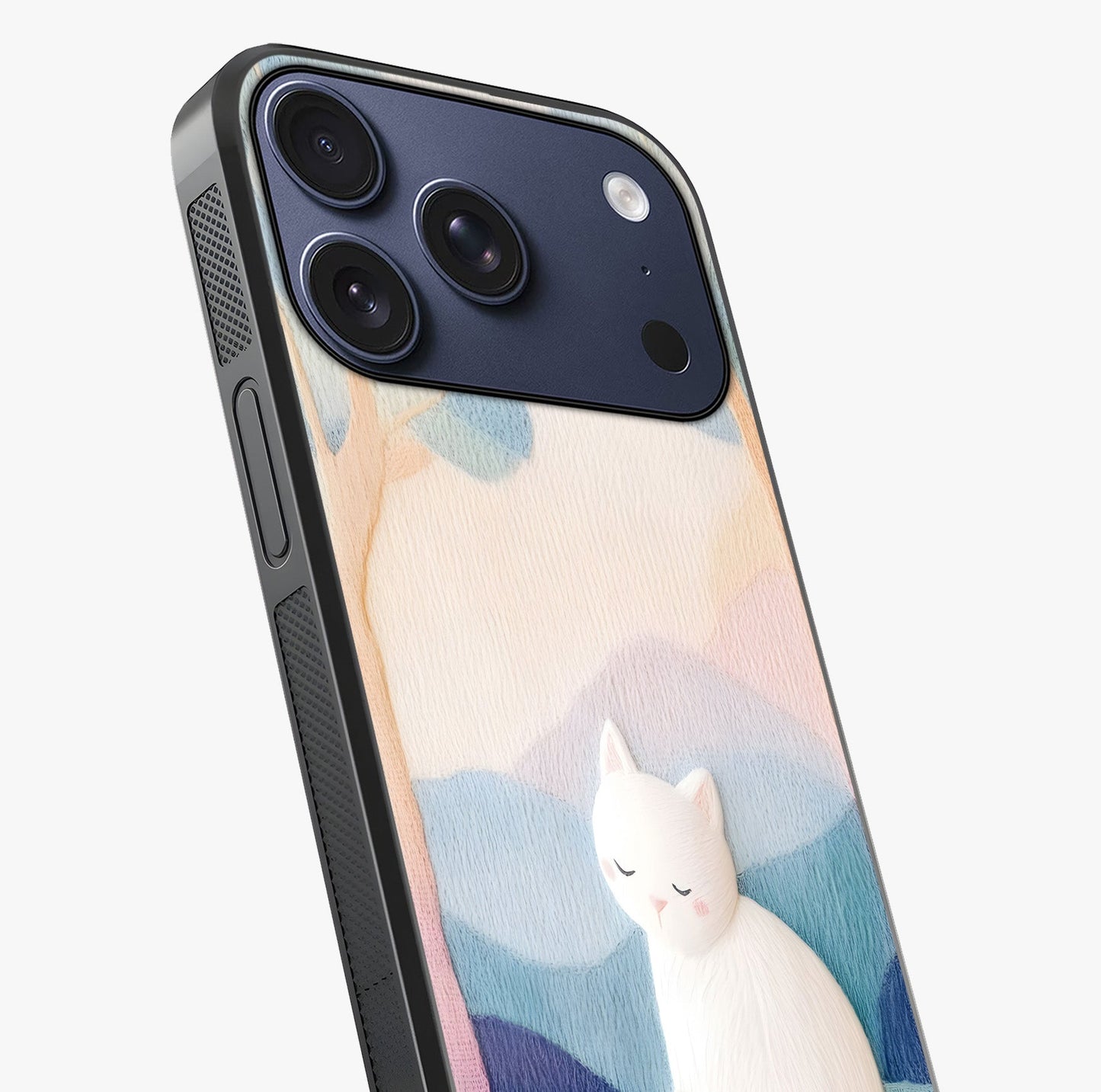 Cotton Dream Cat Glass Case captured at a warm angle highlighting gloss, texture and premium glass finish.