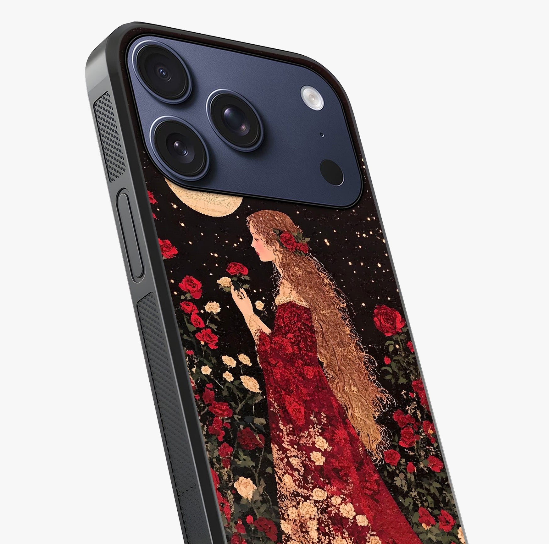 Crimson Dreams Glass Case captured at a warm angle highlighting gloss, texture and premium glass finish.